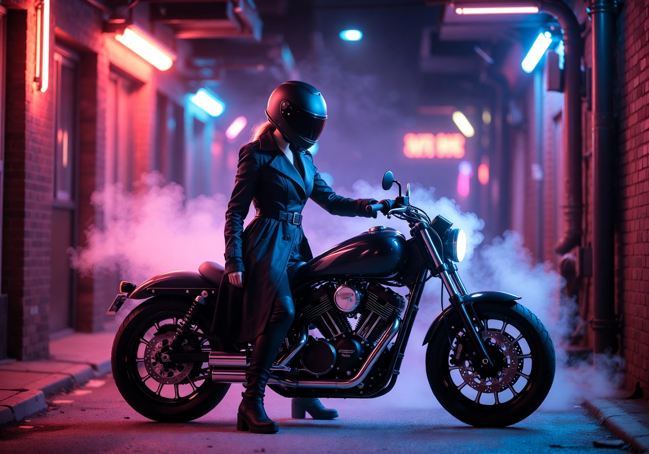 Person in a helmet and trench coat beside a motorcycle in a neon-lit, smoky alley.