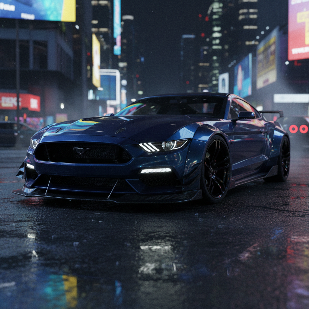 Blue Ford Mustang GT on a wet city street at night with neon lights.