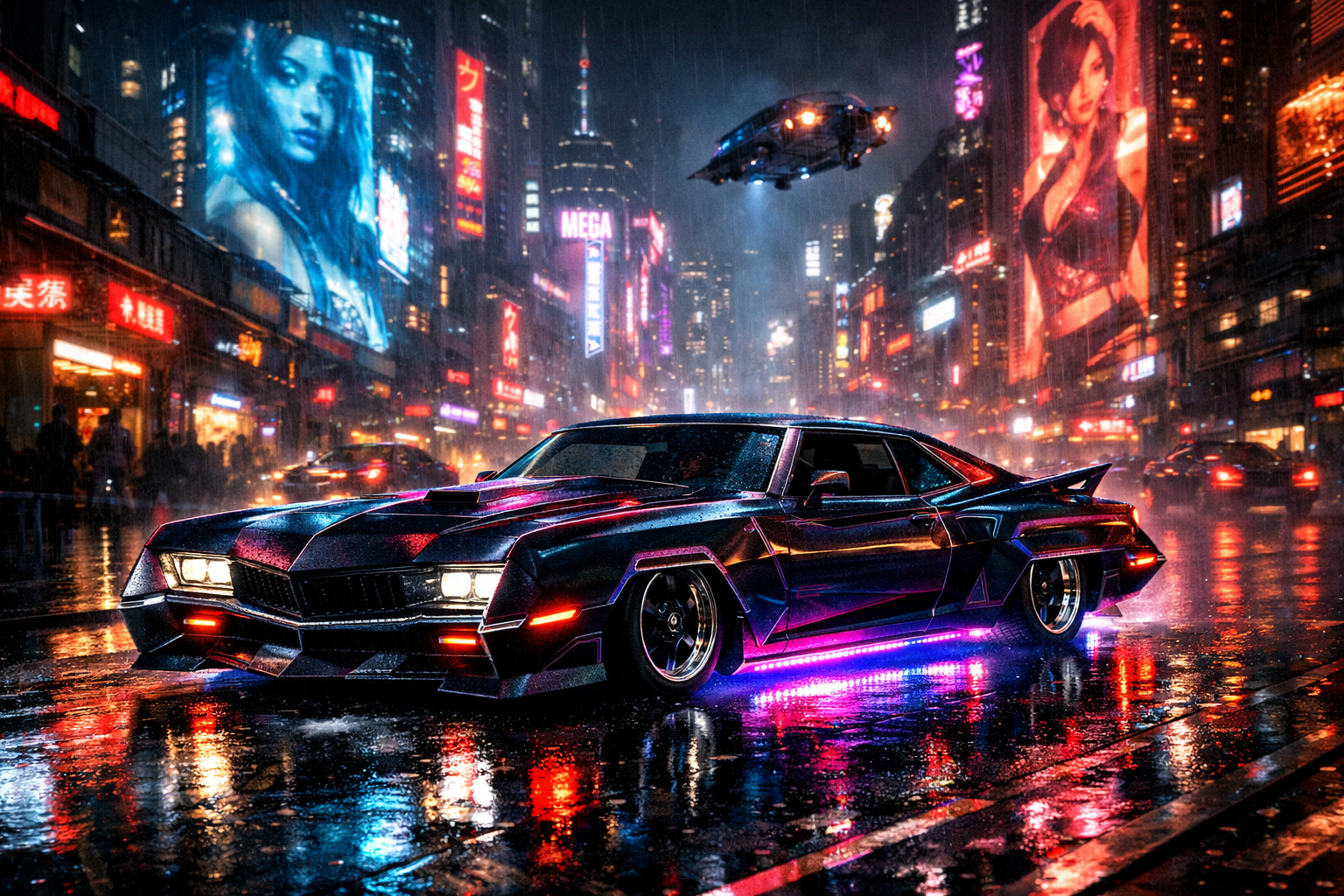 Neon-lit futuristic muscle car on a rainy cyberpunk city street at night.