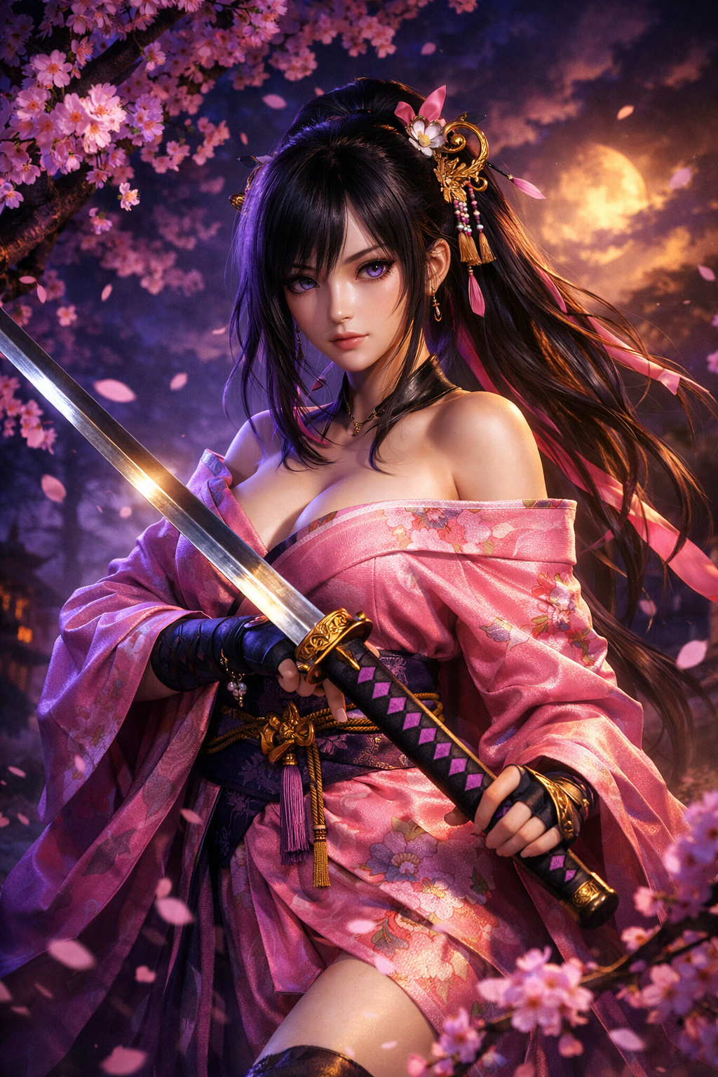 Anime-inspired woman in a pink kimono with a sword among cherry blossoms under a moonlit night.