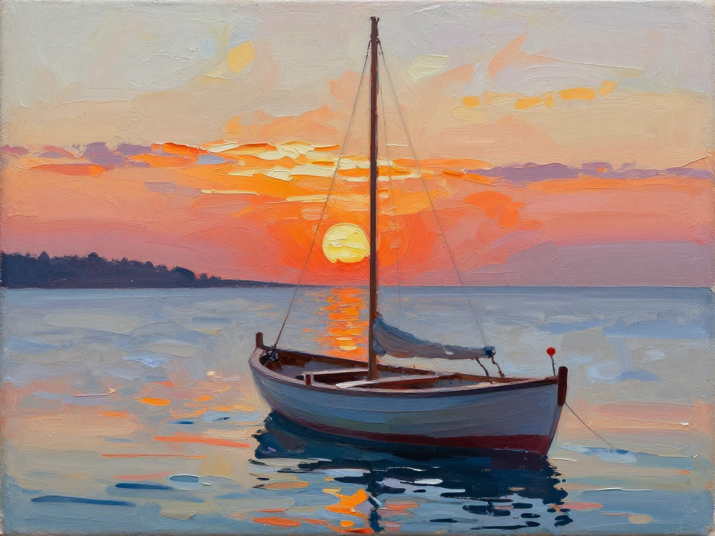 Sailboat on calm water at sunset with vibrant orange-pink sky and reflective water.