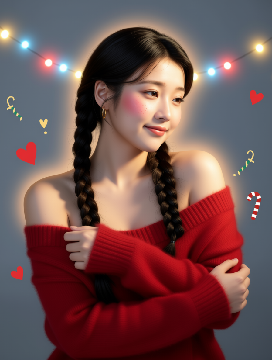 Woman with braided pigtails in a red off-shoulder sweater, warm festive lights in the background