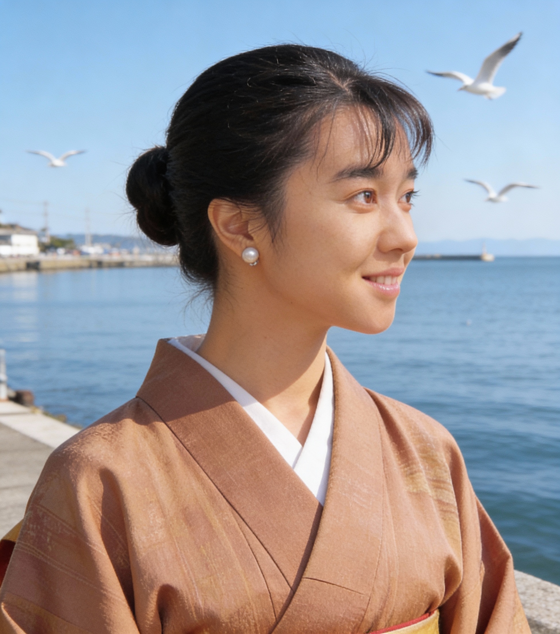 Portrait of a woman in a brown kimono by the seaside with seagulls in the sky