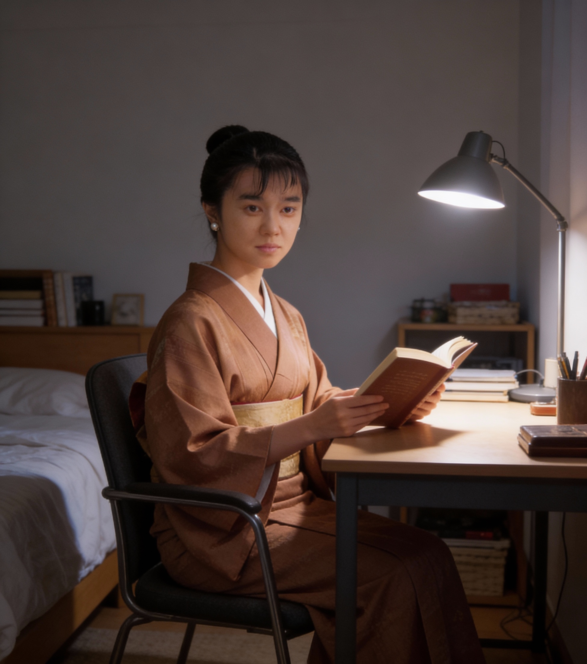 Woman in a brown kimono reading a book at a desk under a lamp in a cozy study.