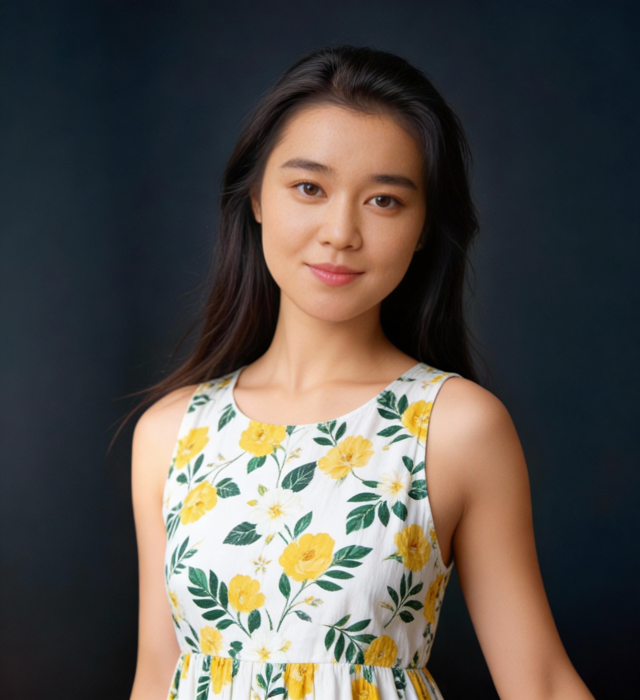 Portrait of a young woman in a white dress with yellow floral print against a dark blue background.