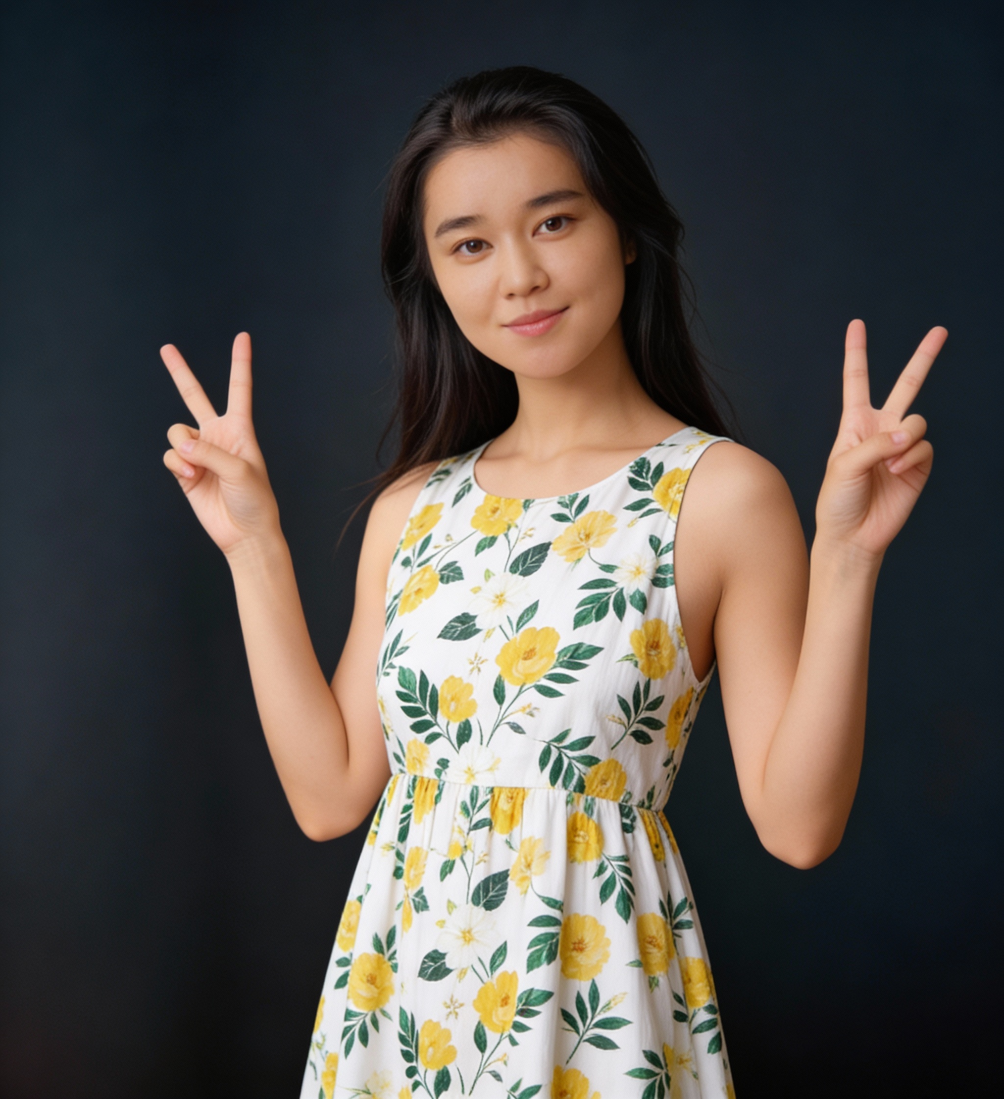 Young woman in a white dress with yellow floral print making peace signs