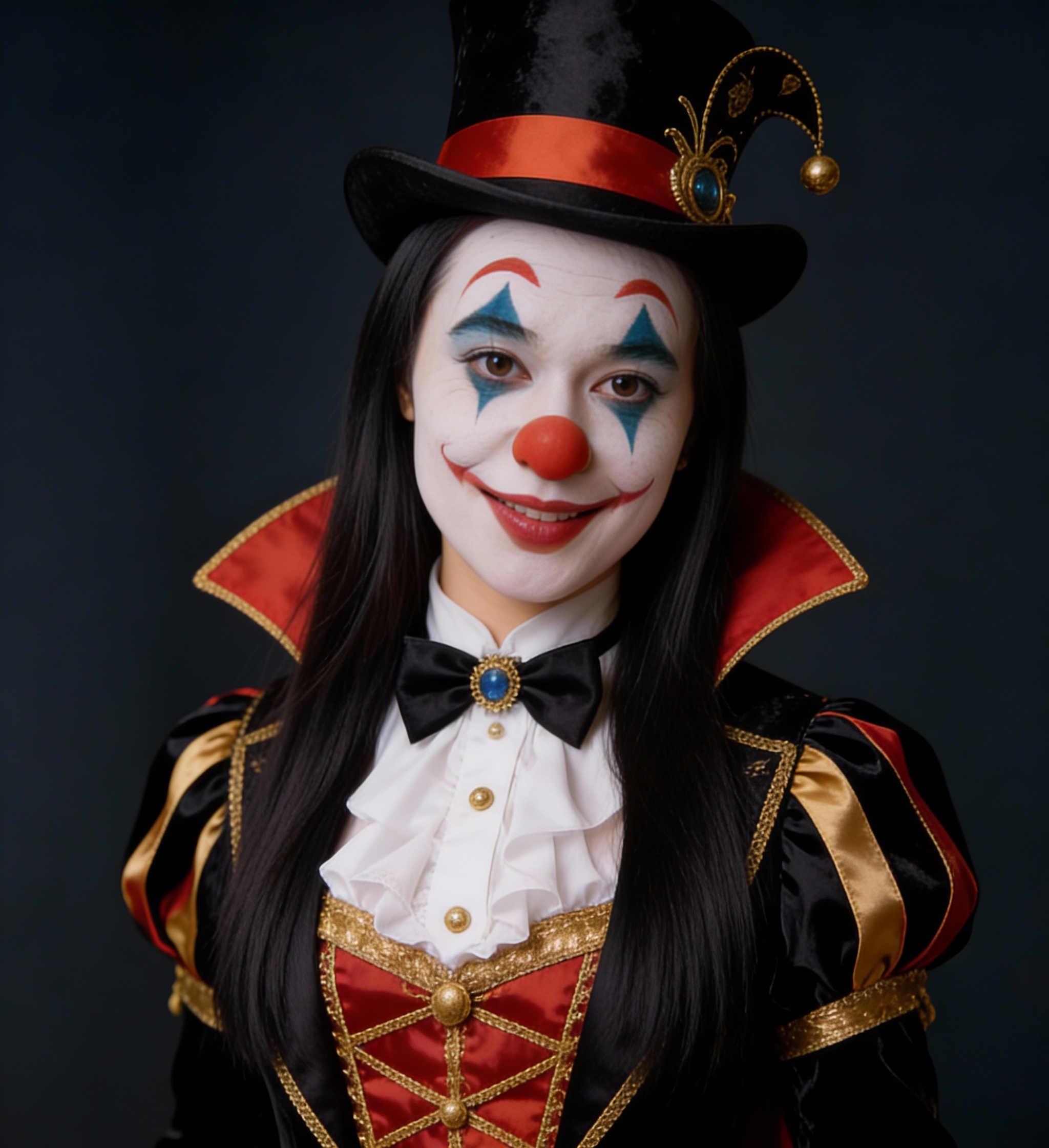 Portrait of a clown in an ornate costume with a top hat, white face paint, red nose, and colorful makeup.