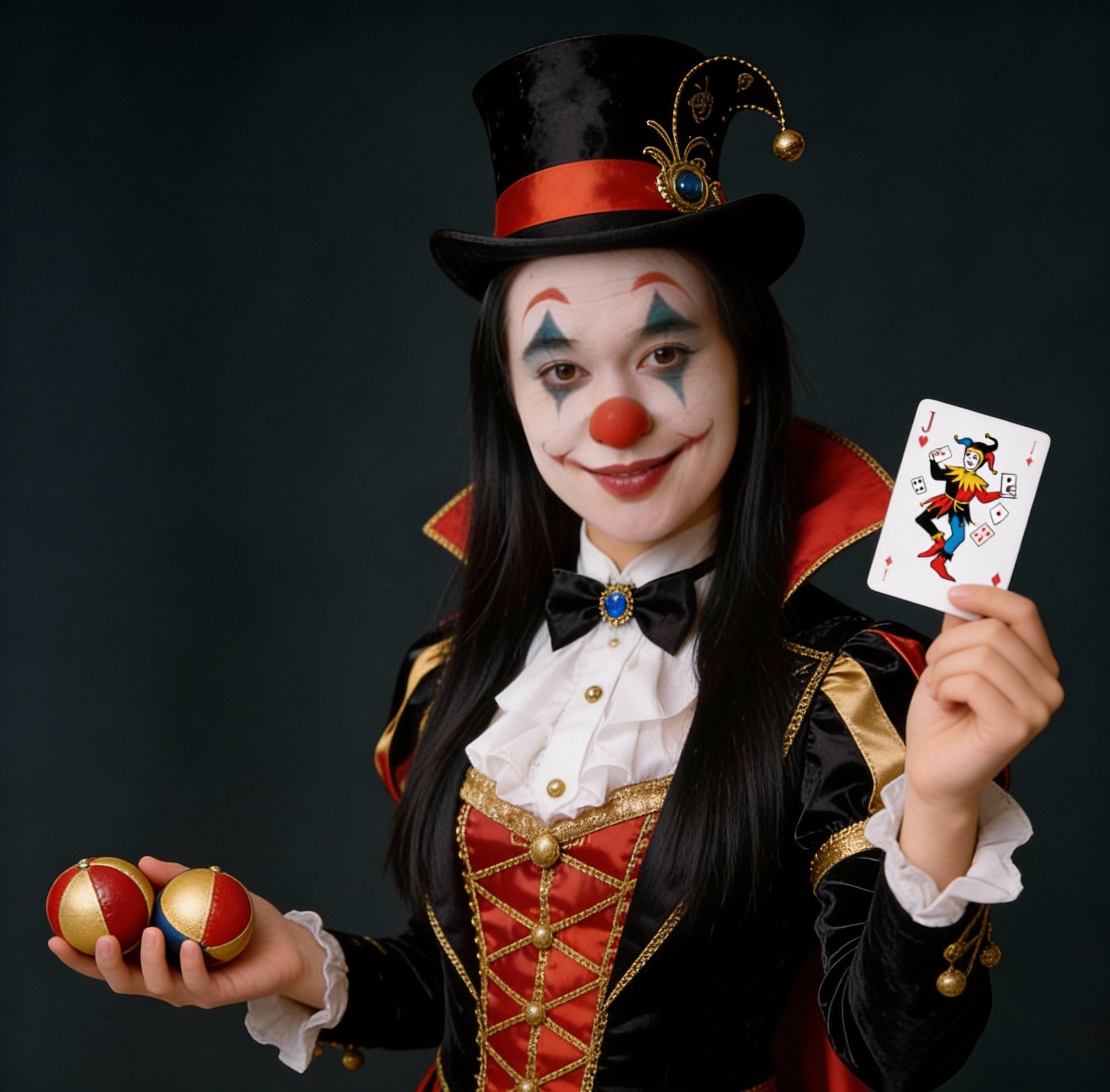 Clown magician in a black top hat with red ribbon, holding a Joker card and juggling red-gold balls.