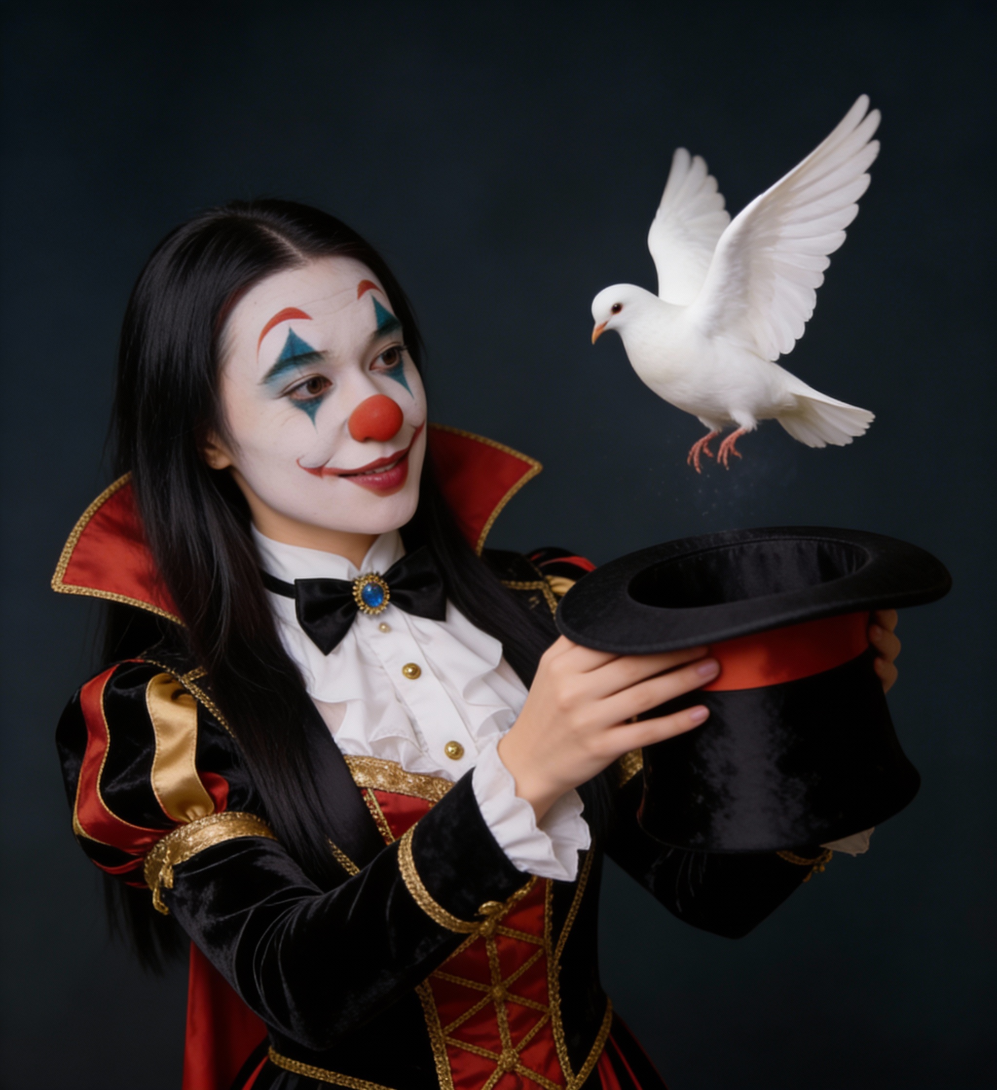 Clown magician in velvet costume with top hat and a flying white dove.