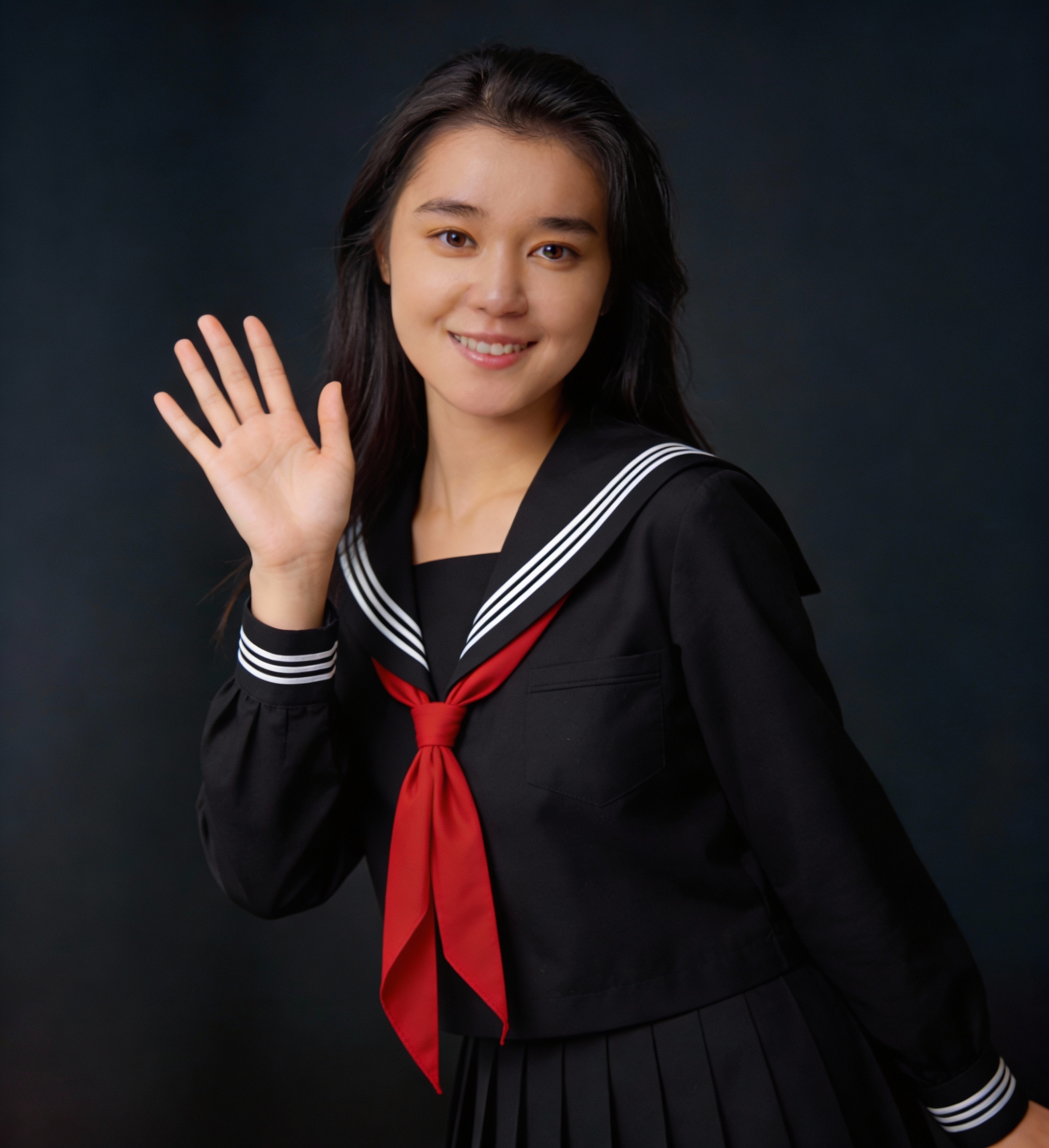 Young woman in a Japanese sailor-style school uniform waving hello.