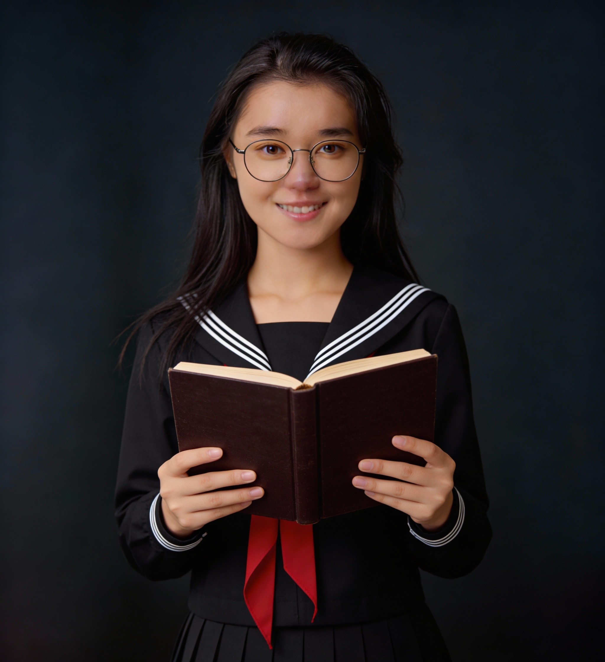 Young student in a navy sailor-style school uniform holding an open book.