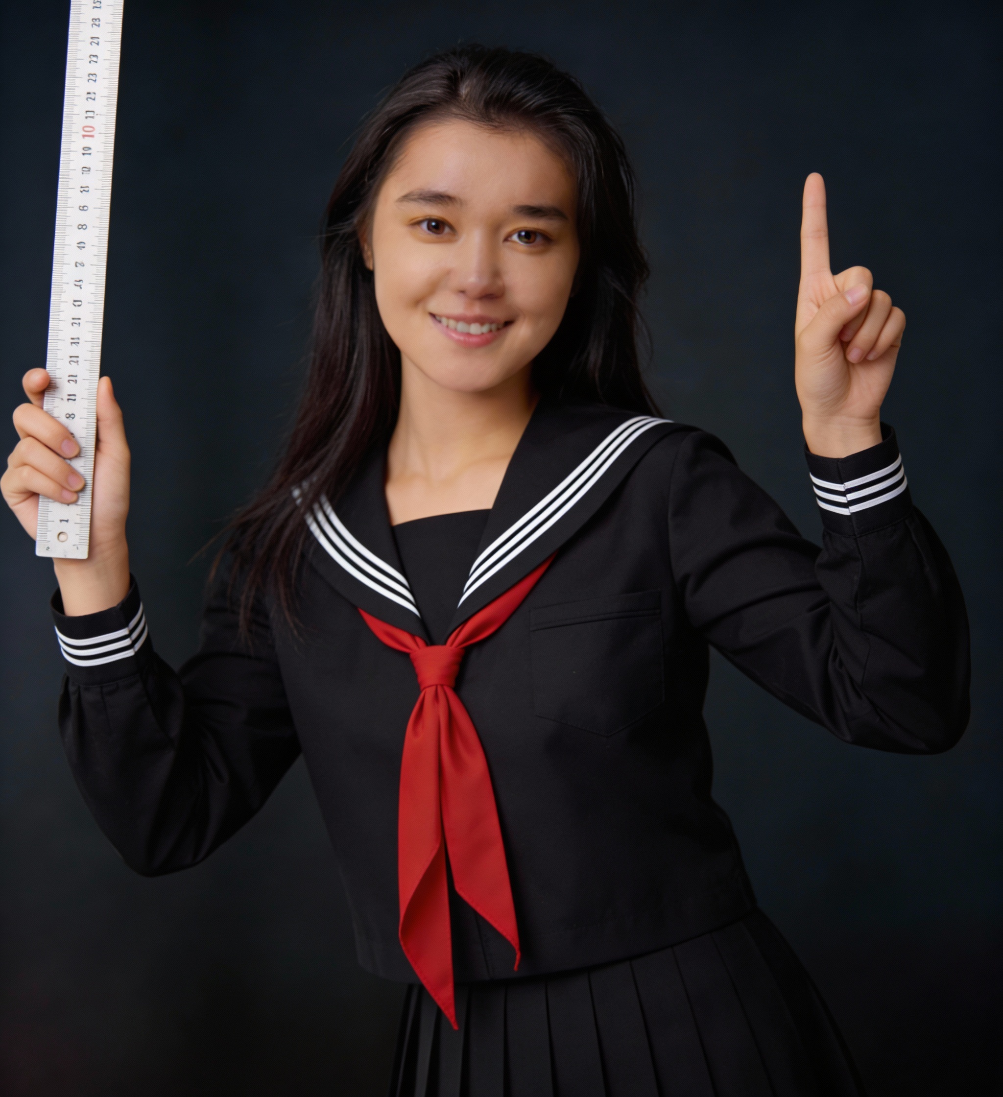 Smiling student in a black sailor-style school uniform holding a ruler and pointing upward.