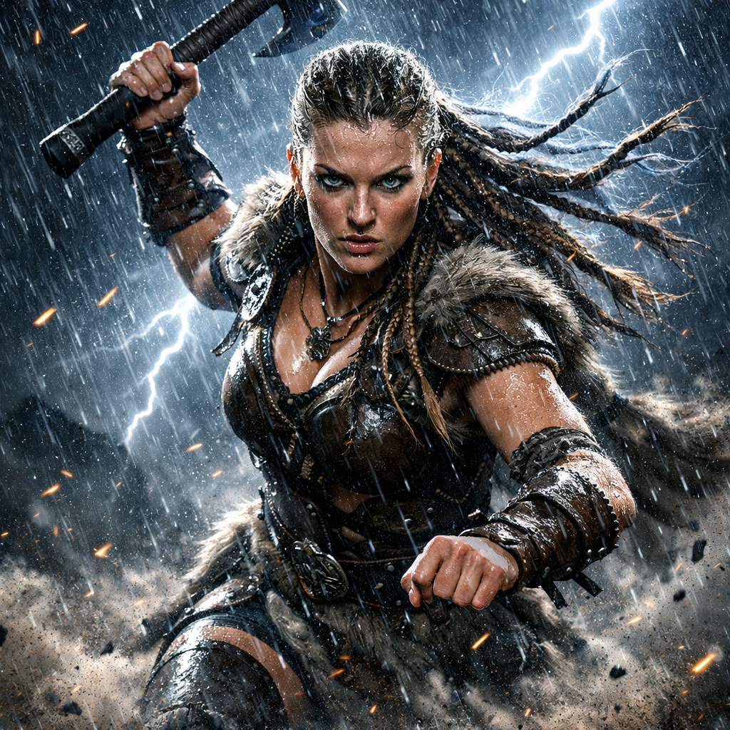 Fierce female warrior charging forward in rain and lightning with a battle-axe