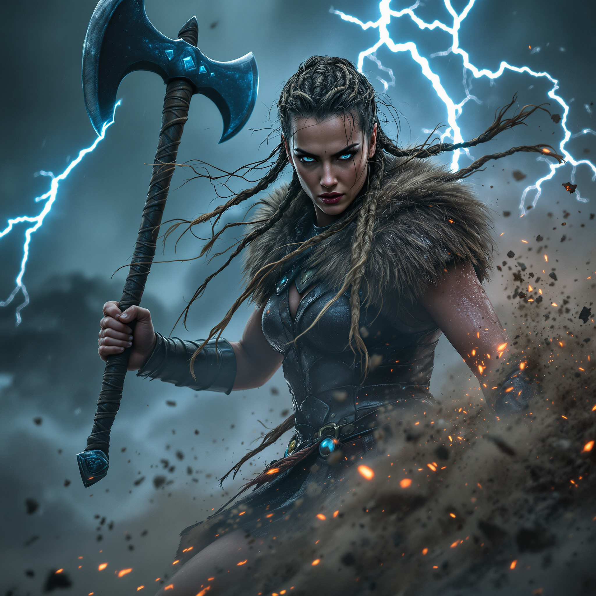 Female Norse warrior with braided hair wielding a battle axe amid lightning and dust.