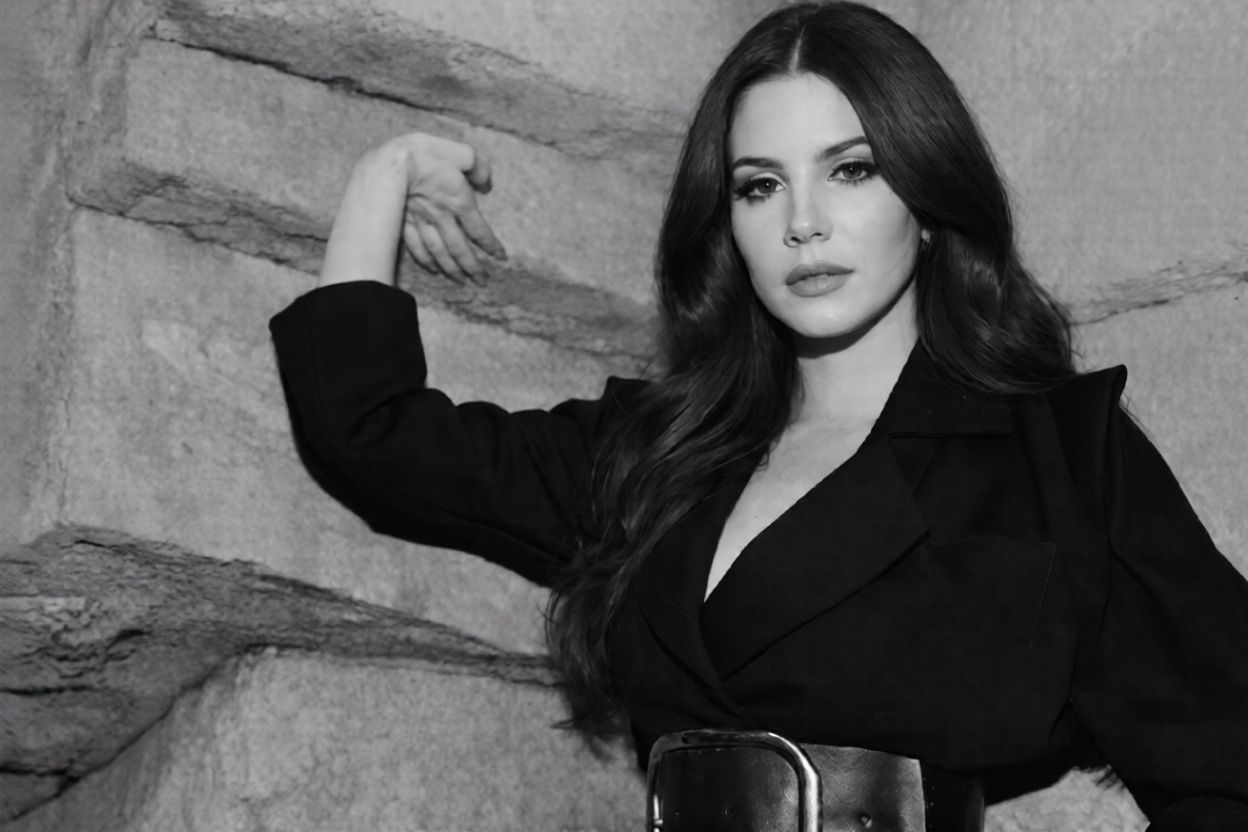 Black-and-white portrait of a female model in a trench-style coat with a wide belt against a stone wall.
