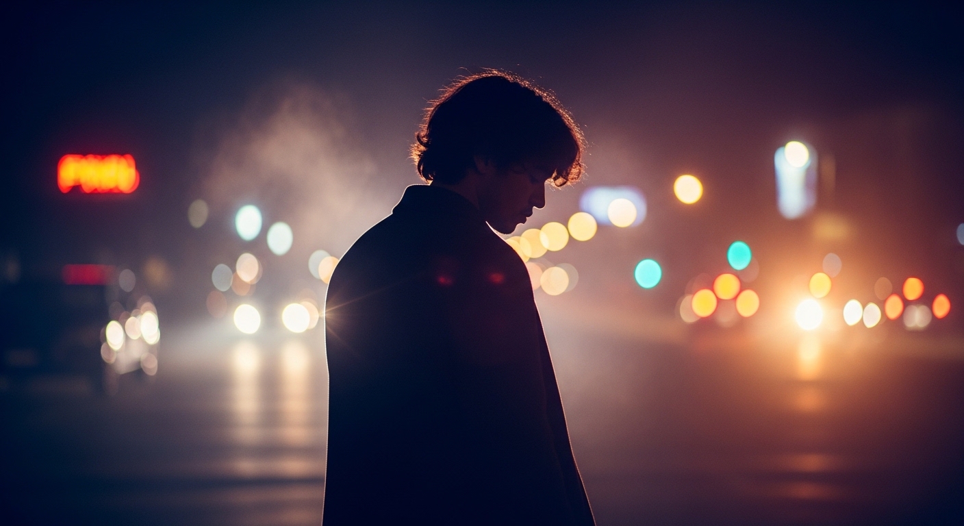 Silhouette of a person in a dark coat on a foggy city street at night with blurred neon lights.