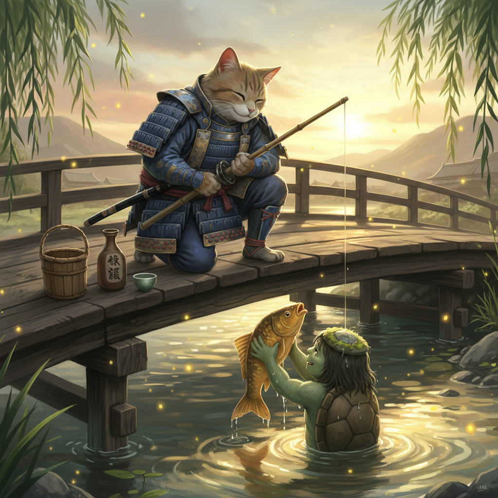 A cat samurai in blue armor fishing from a wooden bridge at sunset, while a turtle person underwater holds a fish.