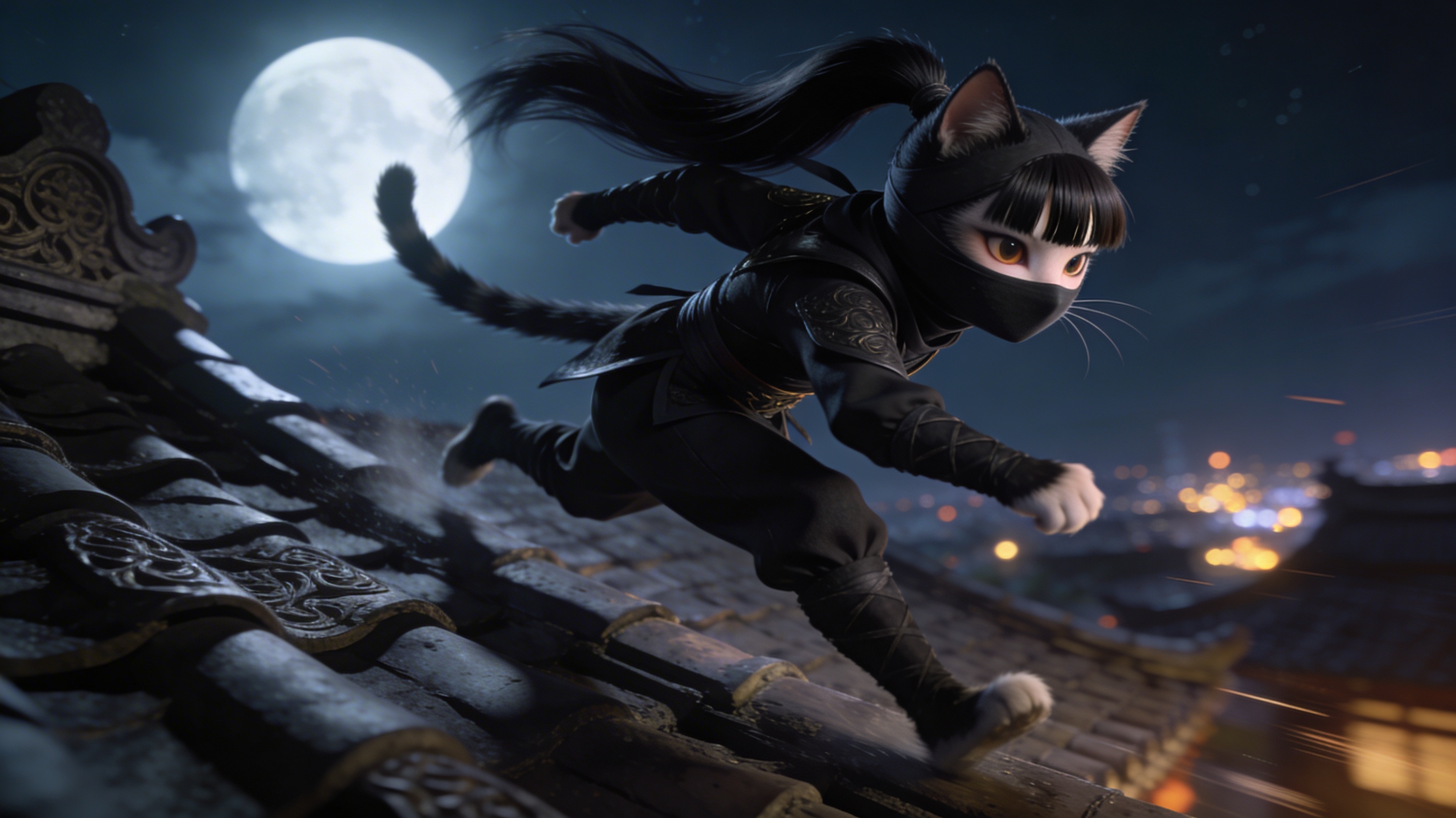 Stylized ninja cat in black gear leaping across a tiled rooftop under a full moon.