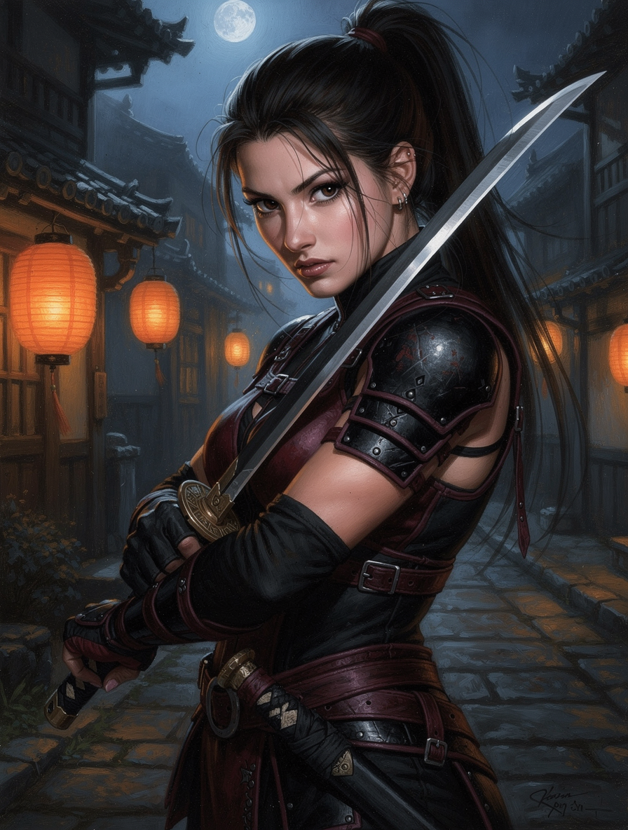 Dynamic female samurai warrior in armor brandishing a blade in a moonlit lantern-lit alley.