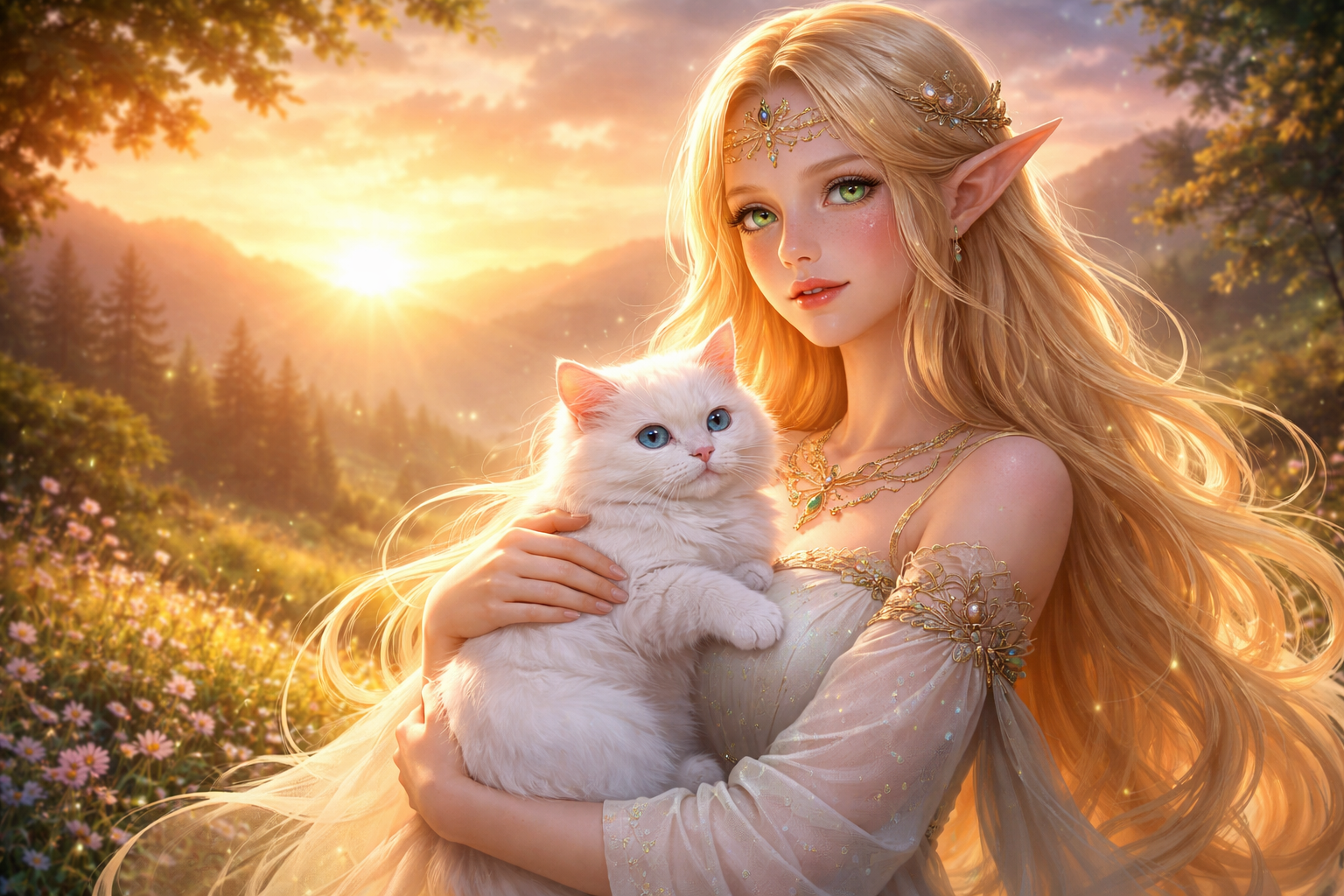 Elf-like woman with long blonde hair holding a white cat in a golden sunset meadow.
