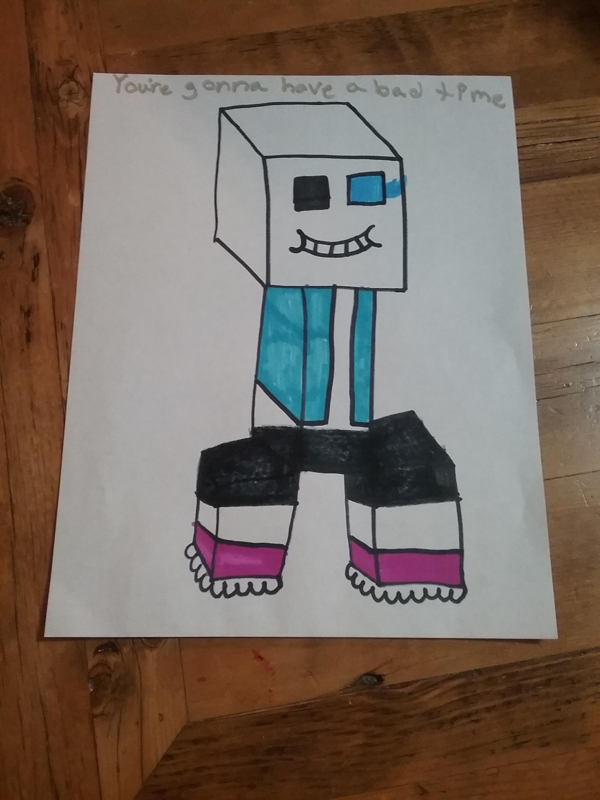 Cute robot drawing with a cube head, teal shirt, black shorts, and pink shoes on white paper.