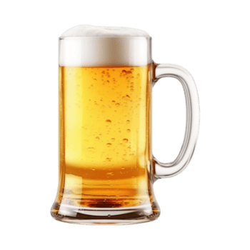A frothy beer-filled glass mug with a golden amber brew against a black background.