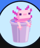 Pixel art pink cow-like creature sitting in a purple bucket against a light blue background.