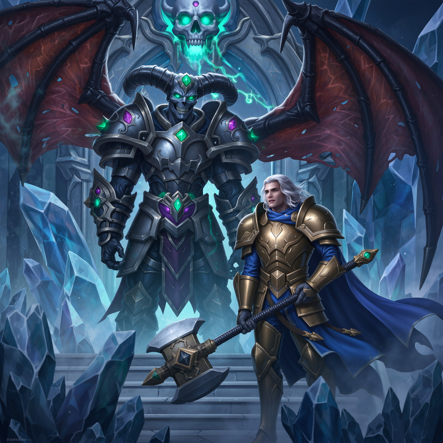 Armored knight with blue cape stands before a towering winged demon with glowing green skull, amidst crystalline ice.