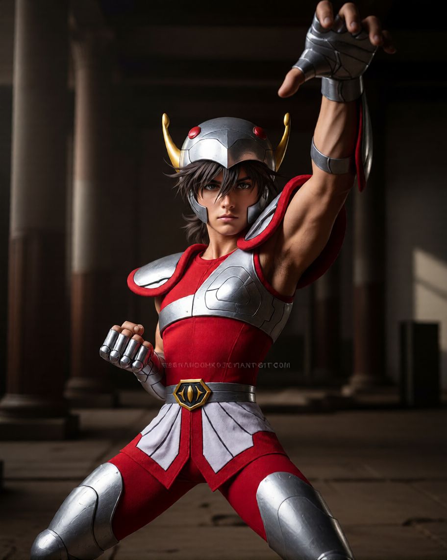 Cosplay of a muscular hero in red and silver armor with a horned helmet, striking a dynamic martial-arts pose.