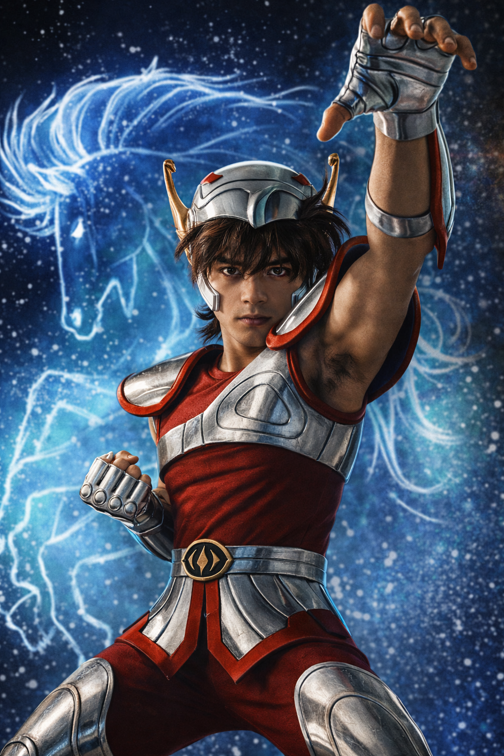 Young warrior in red and silver armor raises a fist against a starry blue cosmic background.