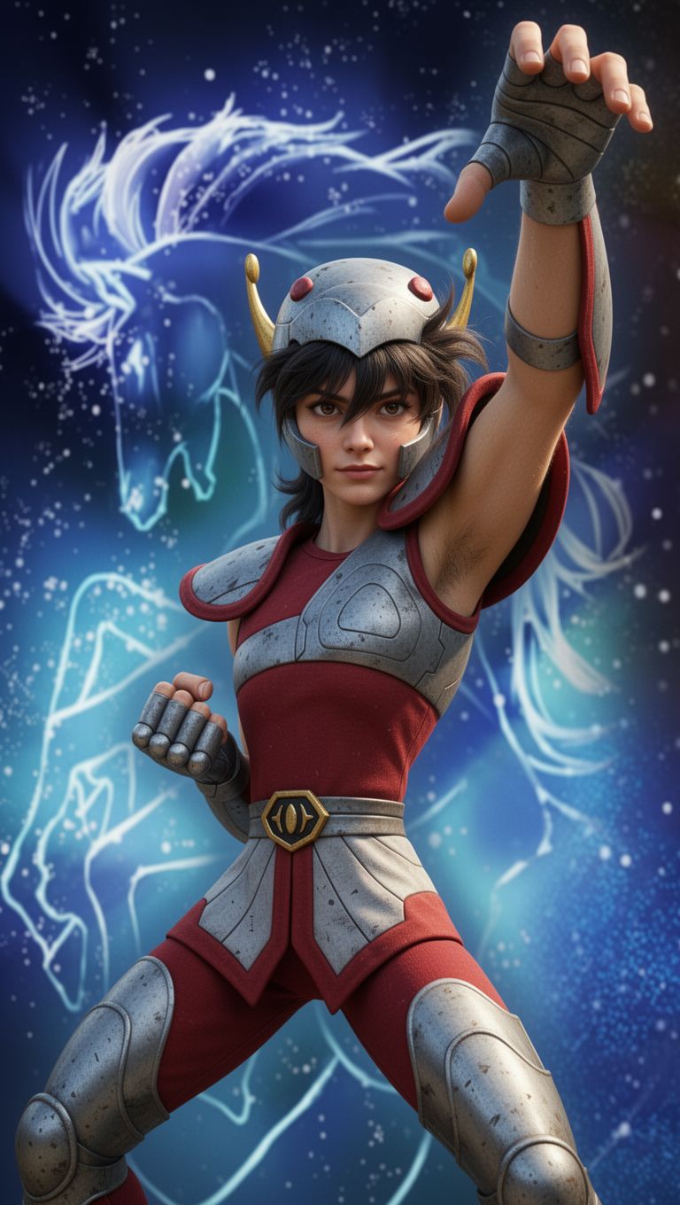 Female armored superhero in red and silver lifts fist with cosmic energy swirling behind.
