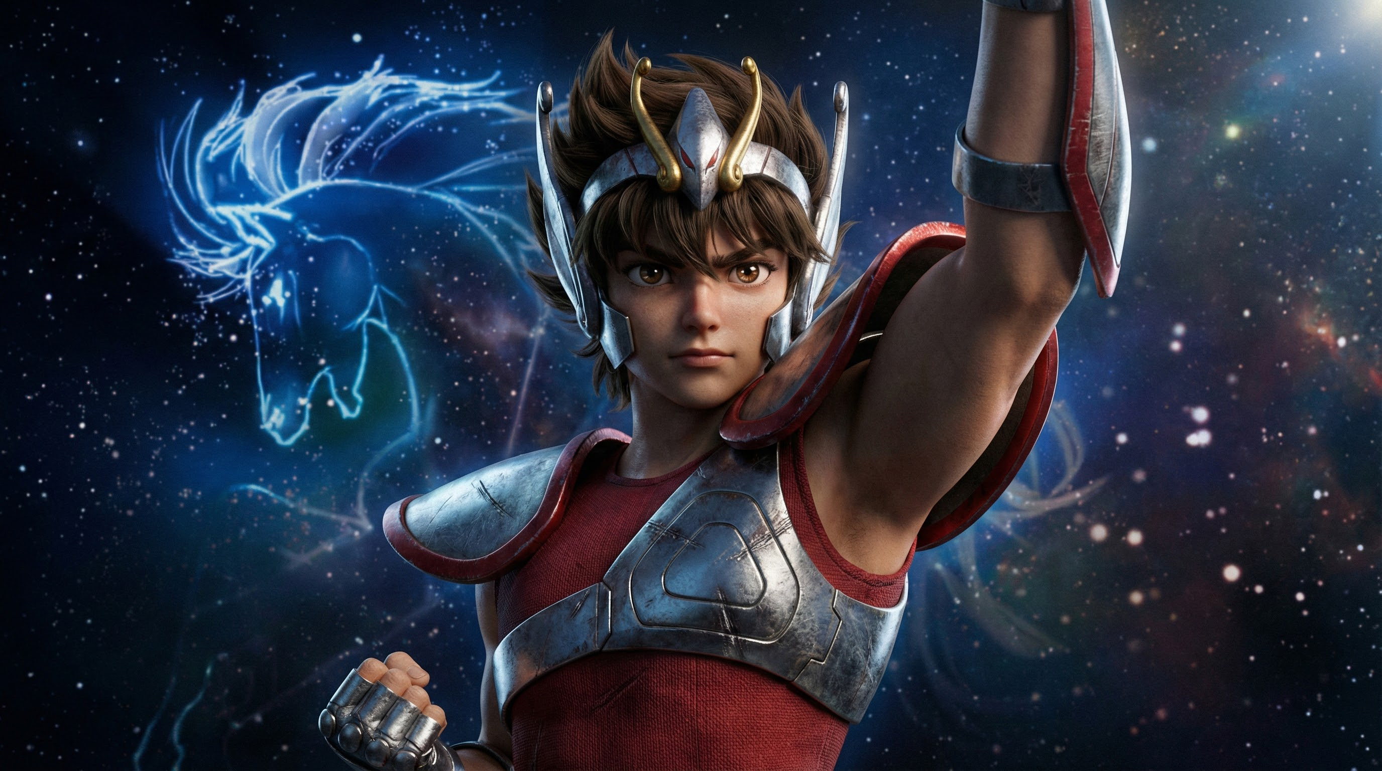 Young armored warrior in red and silver with fist raised, space backdrop and glowing blue dragon outline.