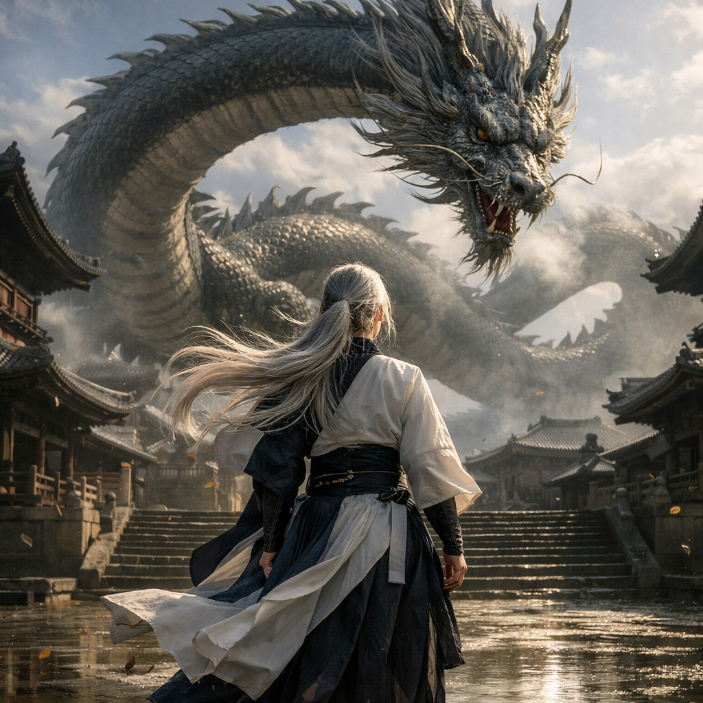 Woman in flowing traditional robes faces a colossal dragon in an ancient temple courtyard.