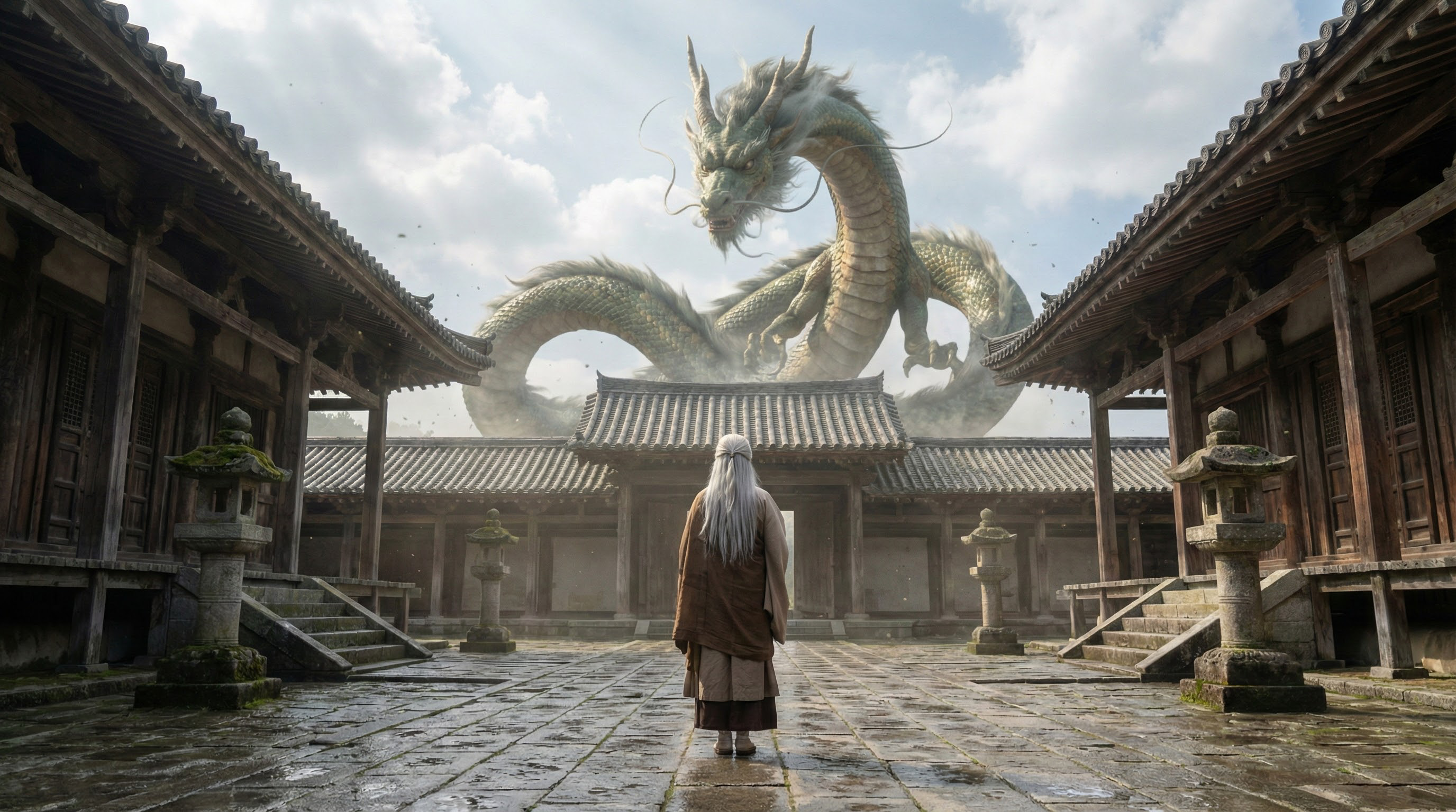 A lone elder in traditional robes faces a colossal dragon hovering over a Chinese temple courtyard.