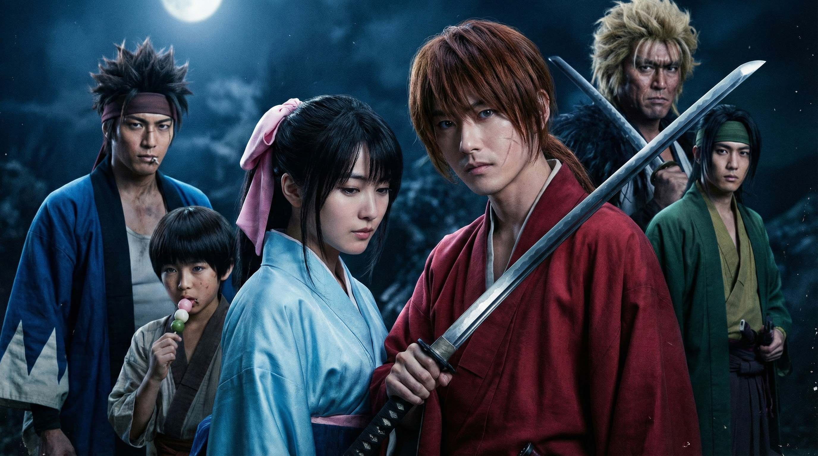Group of samurai with swords under a moonlit night in traditional robes.