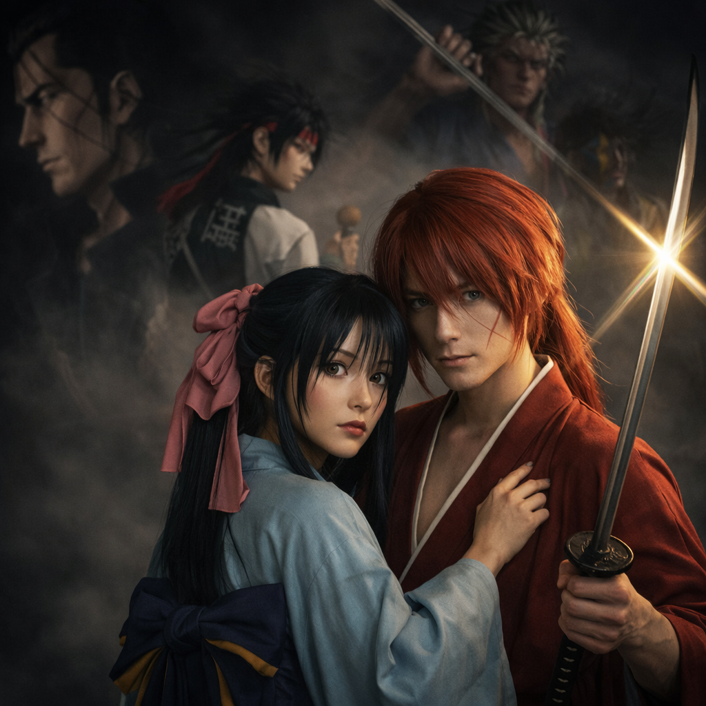 Cosplay duo of a red-haired swordsman and a blue-kimono woman with a sword, dramatic dark background.