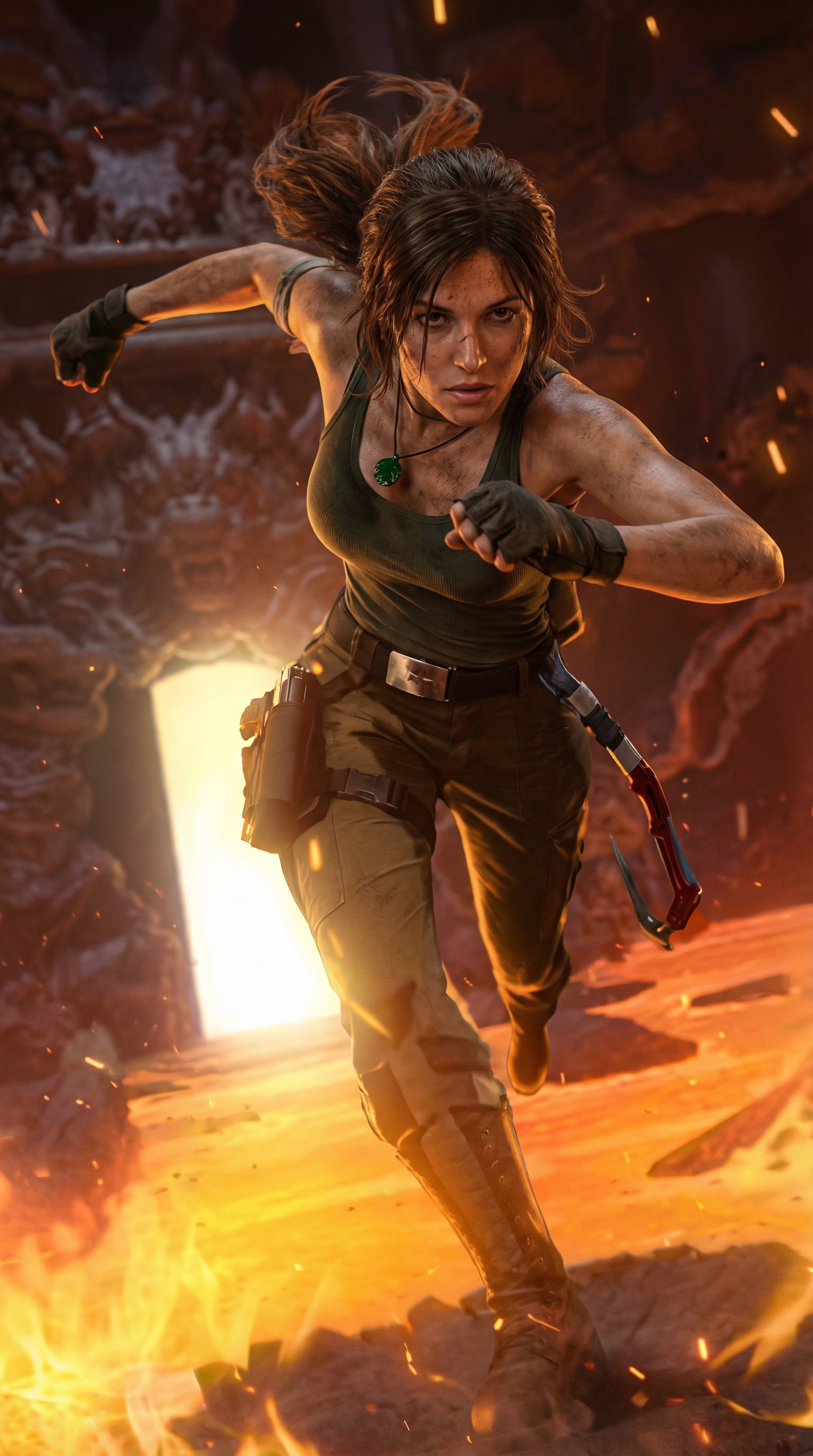 Female action hero sprinting through a fiery cave, gear and weapons ready.