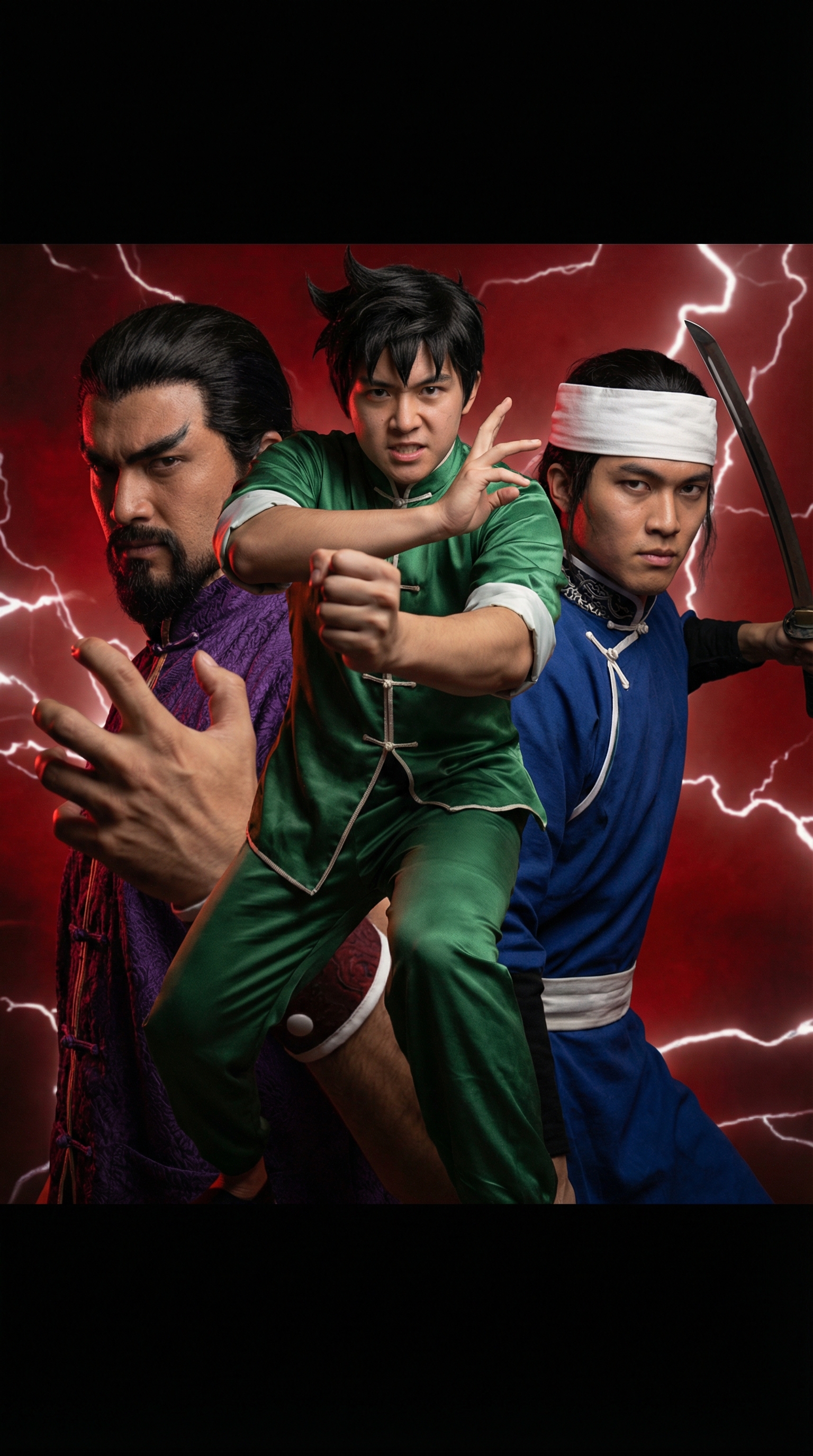 Three cosplayers in green, blue, and purple martial arts outfits strike dynamic poses against a red lightning backdrop.