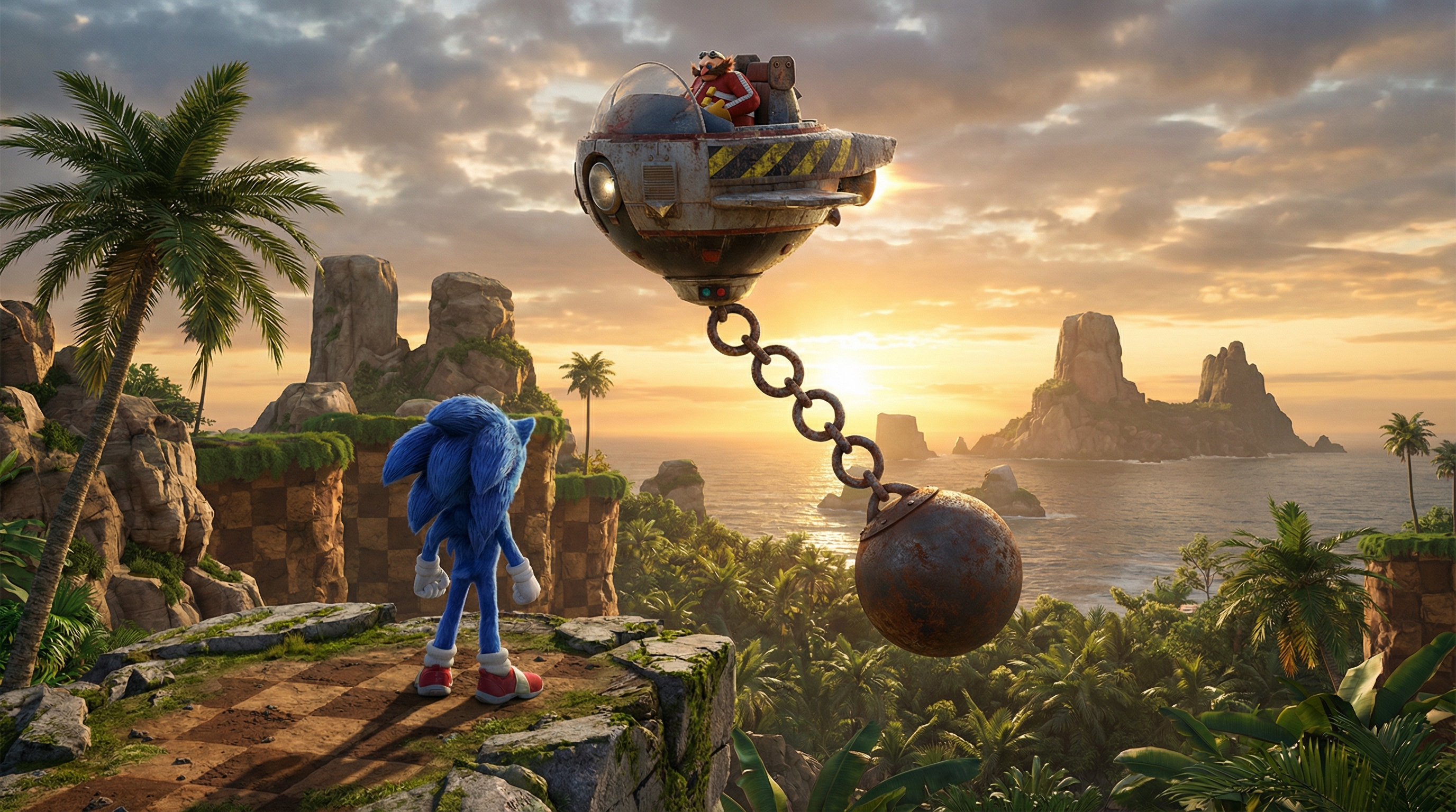 Sonic the Hedgehog on ancient ruins at sunset, chained to a large ball as a hovering vehicle looms above in a tropical jun...