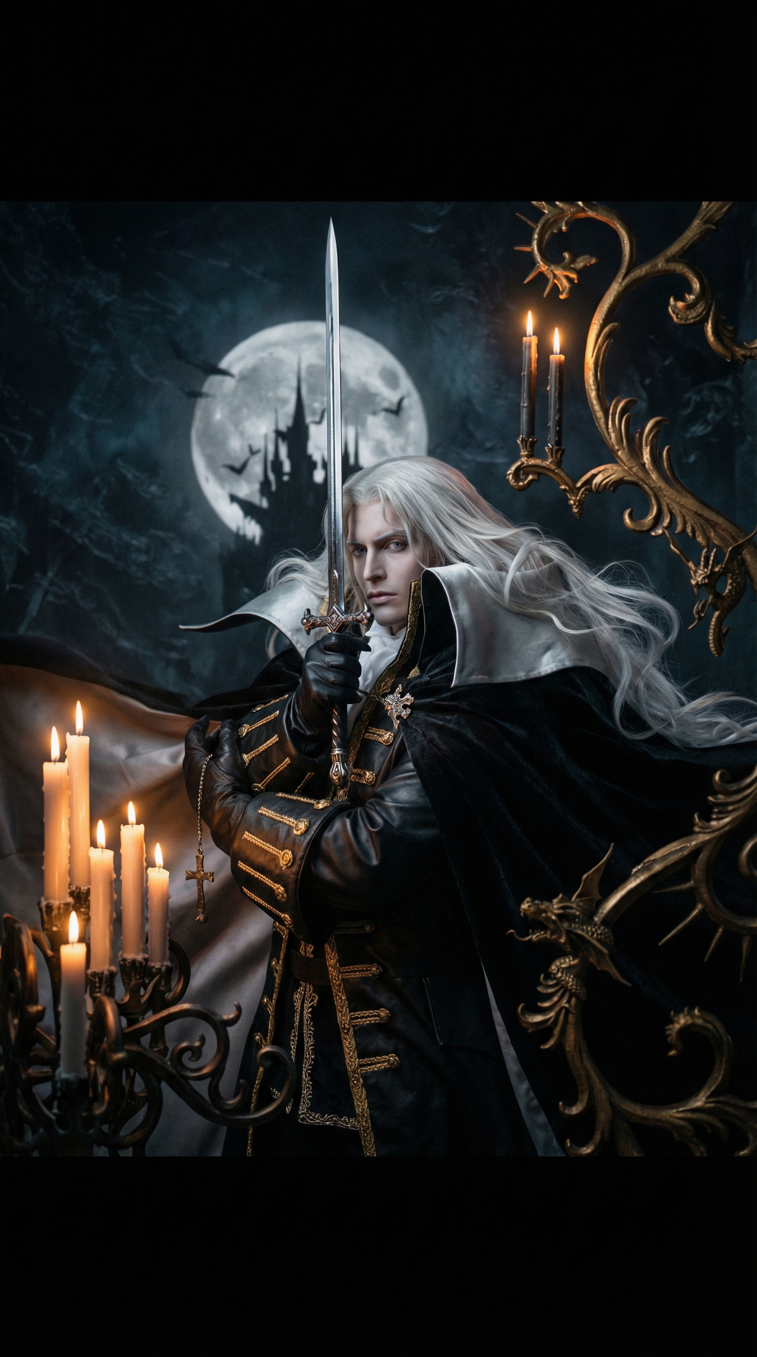 Gothic fantasy portrait of a pale, long-haired warrior with a sword amid candles and a moonlit backdrop