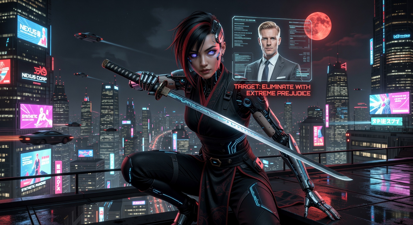 Cyberpunk female samurai with katana atop neon city rooftop under a red moon.