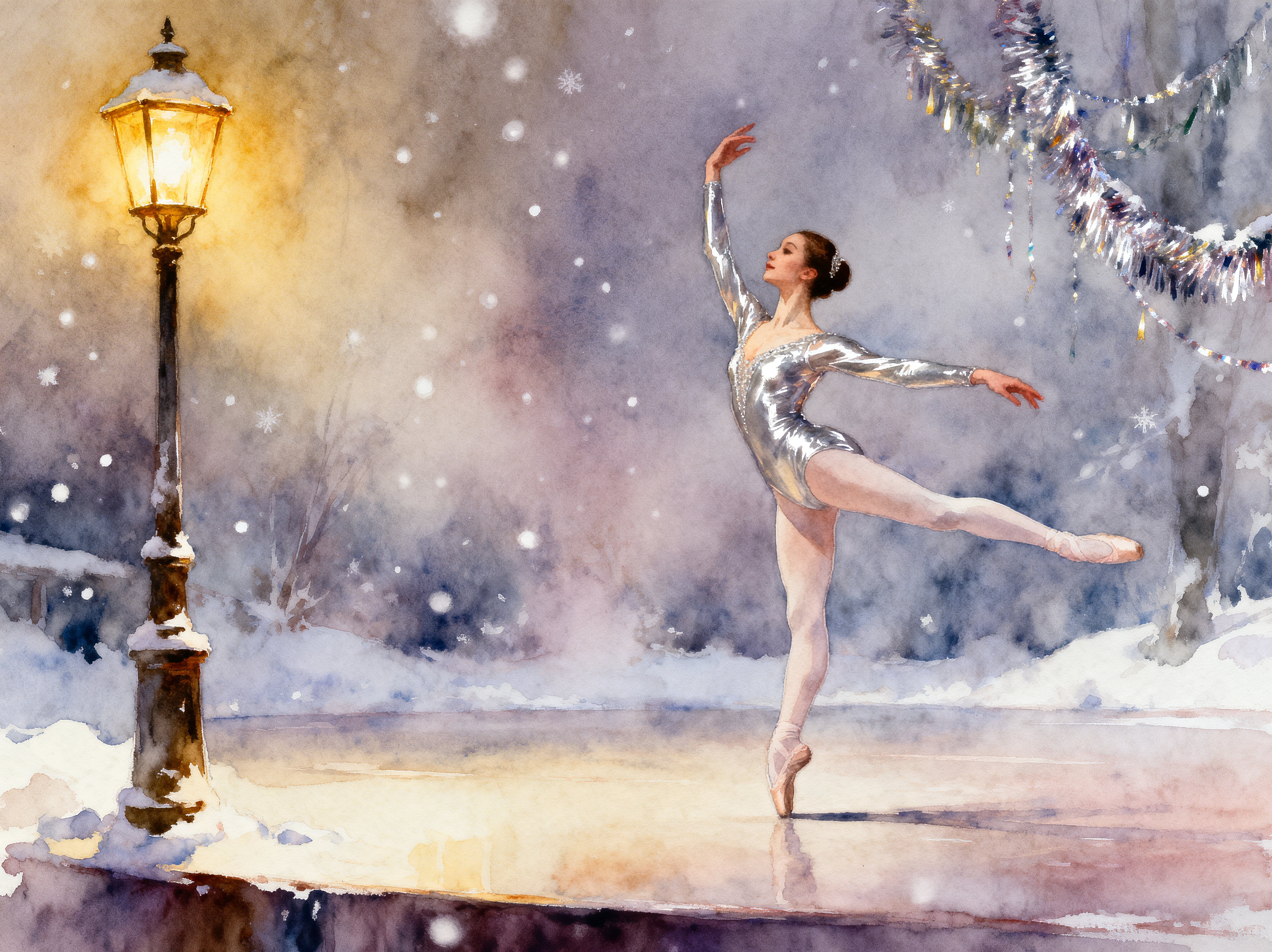 Watercolor scene of a female figure skater in a silver leotard on an ice rink beside a glowing lamp in a snowy night.