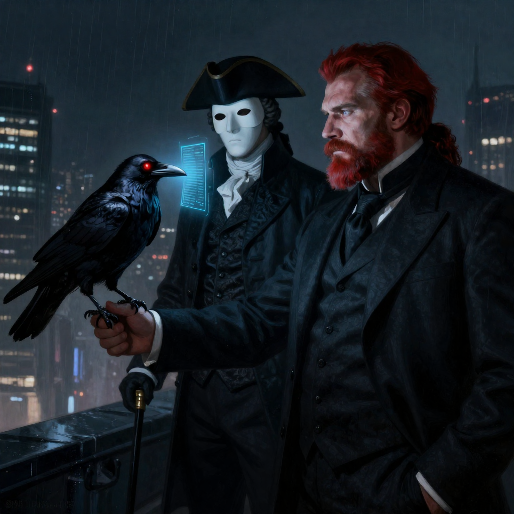 Two men in Victorian attire on a rainy city rooftop, one in a white plague-doctor mask and the other with red hair, a crow...