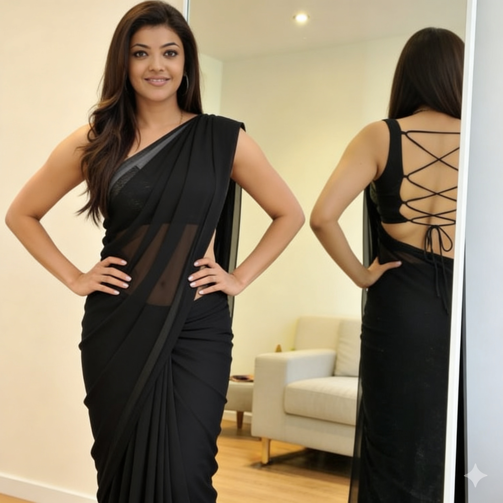 Woman in a black saree with sheer drape posing indoors.