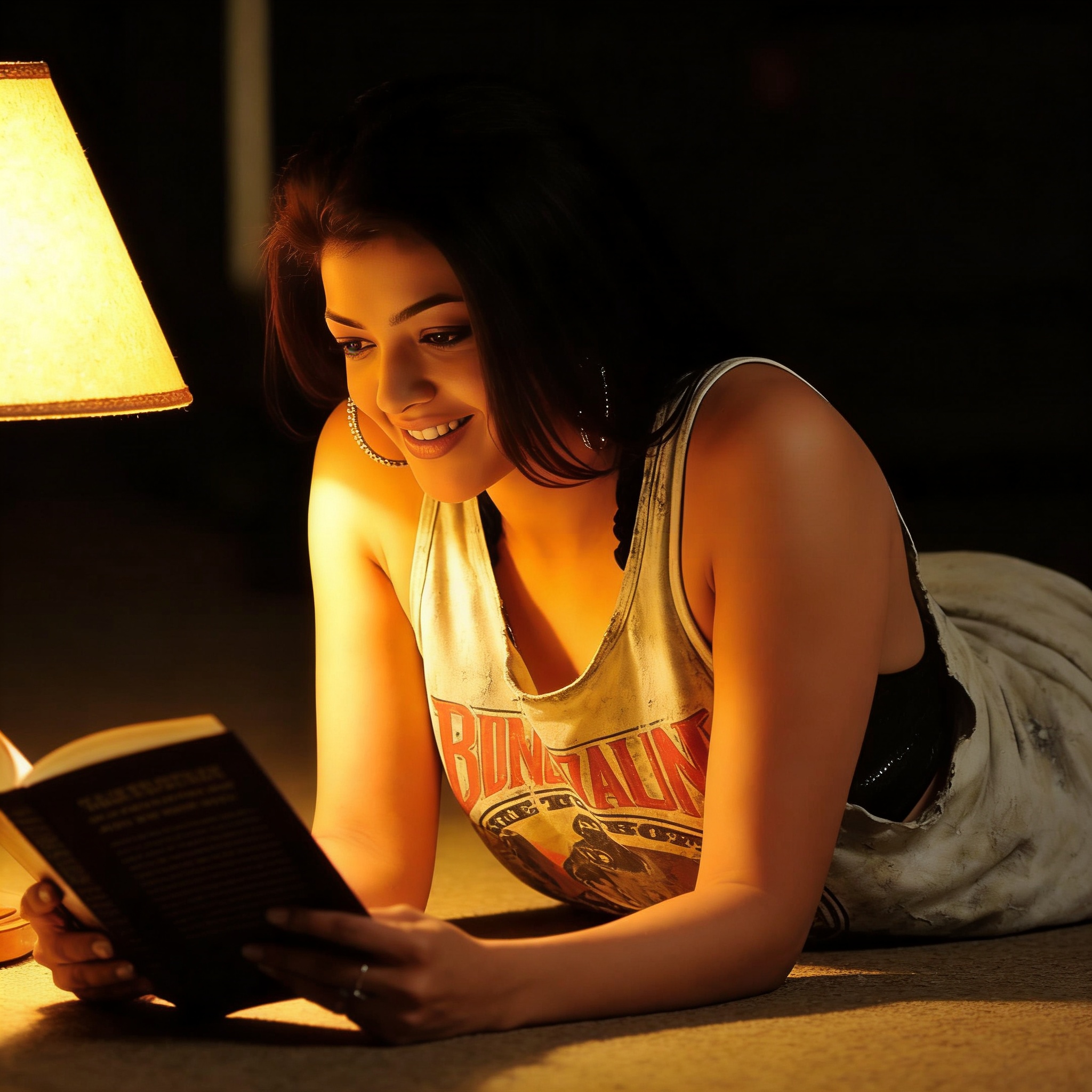 Young woman lying on the floor reading a book by a warm lamp.