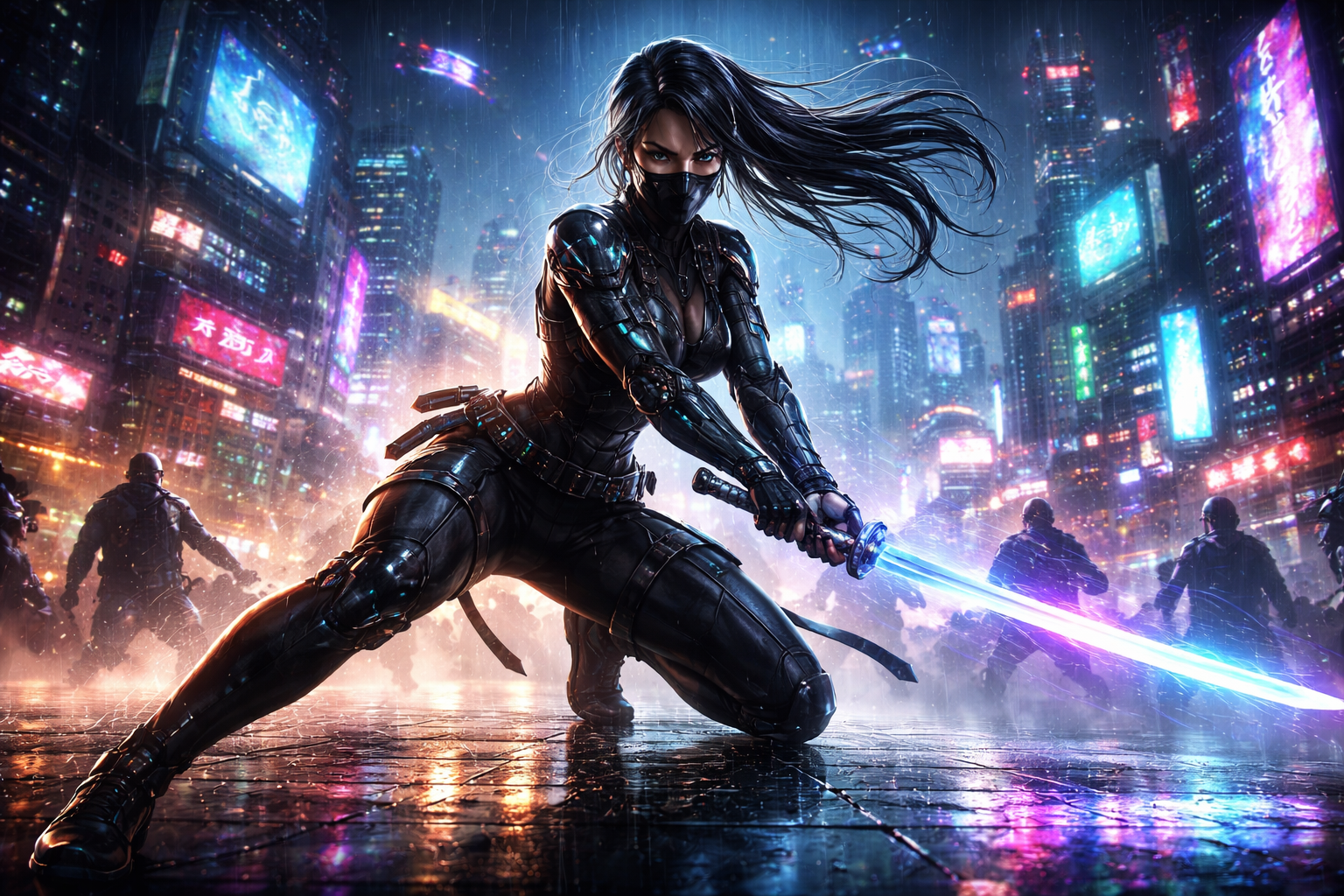 Female cyberpunk samurai in black armor kneeling with a glowing blue sword in a neon-lit cityscape.
