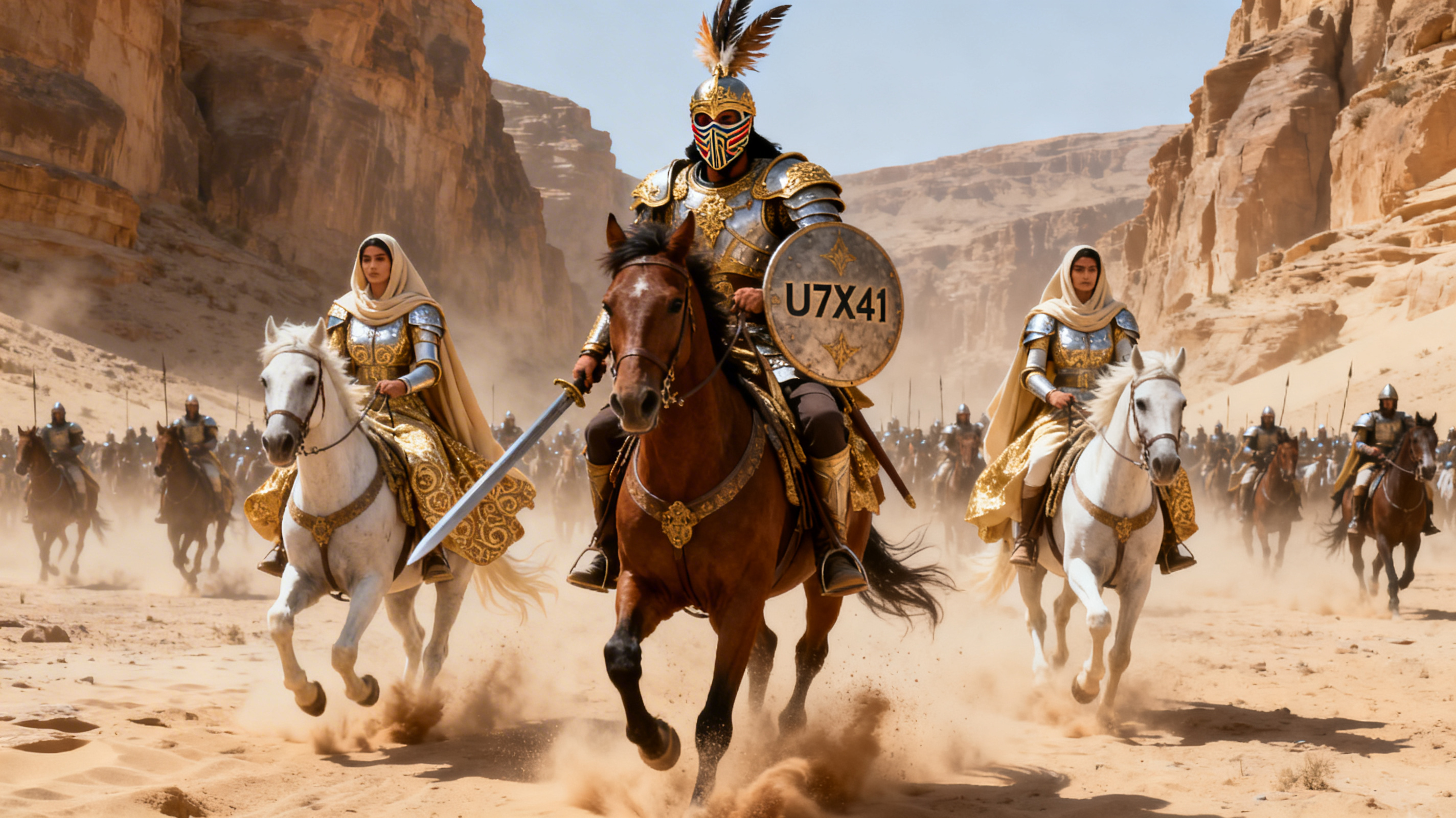 Knight in ornate gold armor on a brown horse leading cavalry through a dusty desert battle.