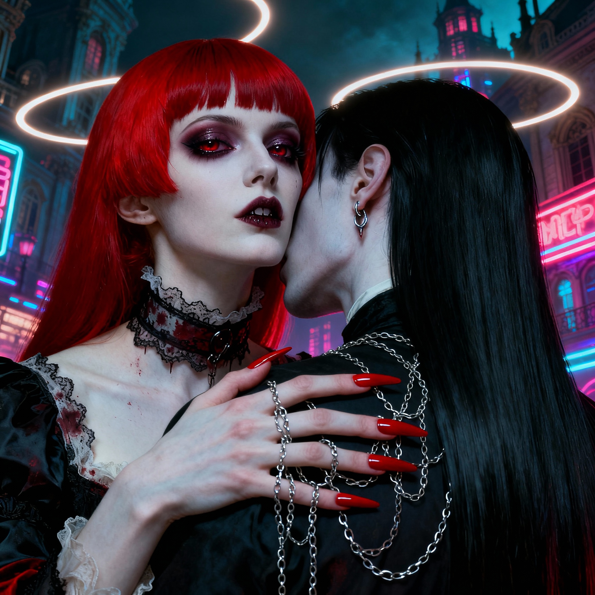 Gothic duo with neon halo rings in a neon-lit city; red-haired woman and dark-haired companion.