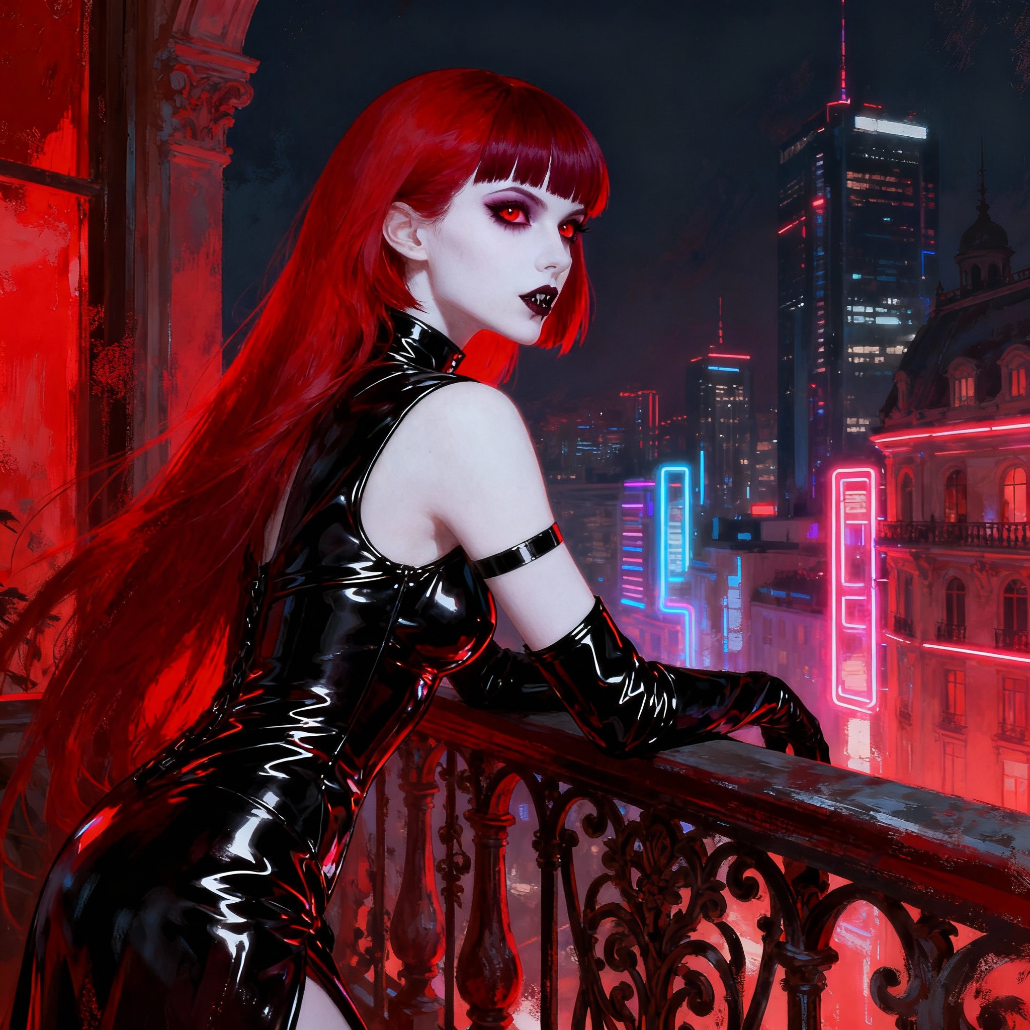 Gothic cyberpunk woman in shiny black latex on a balcony overlooking neon city