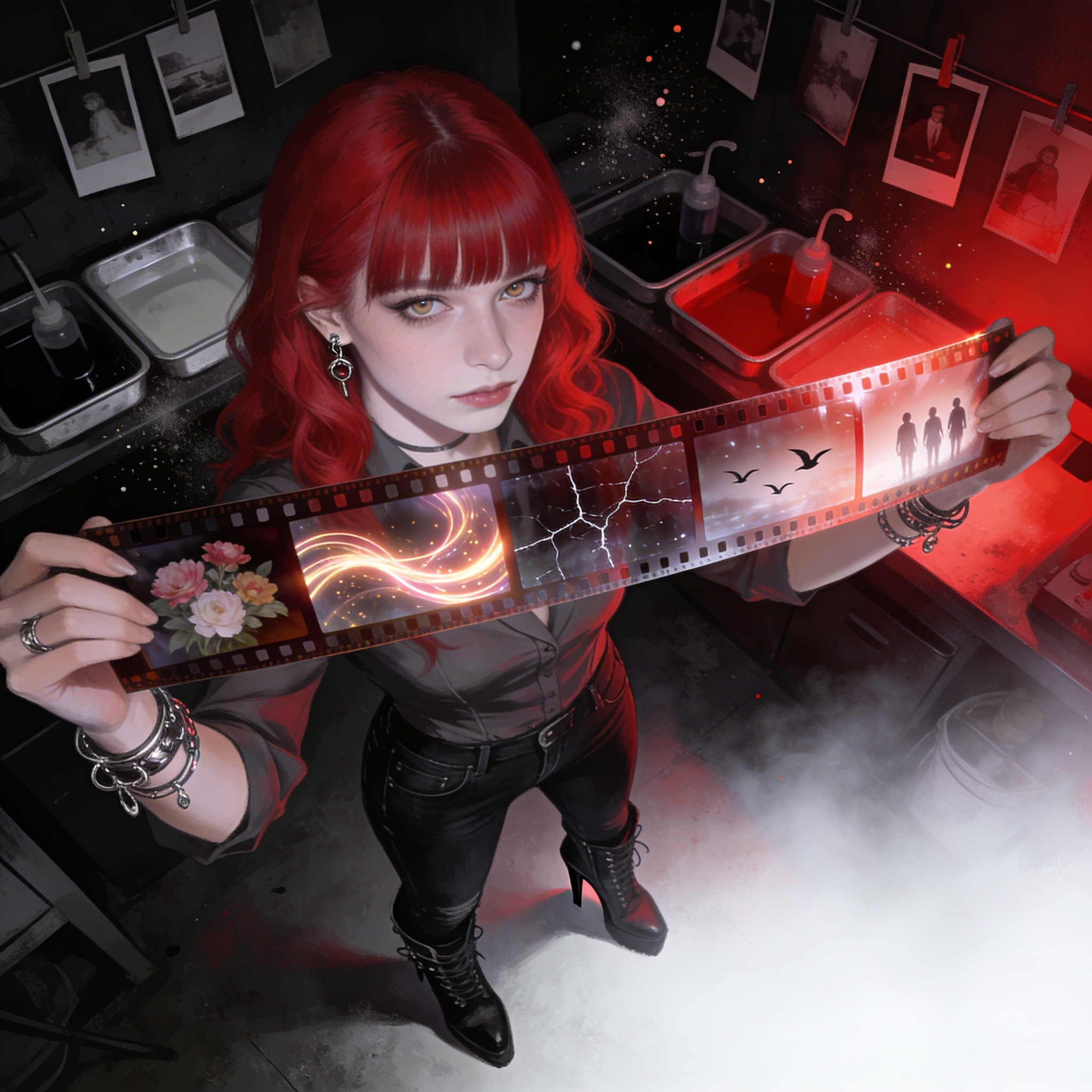 Gothic woman with bright red hair holding a panoramic film strip in a dark studio.
